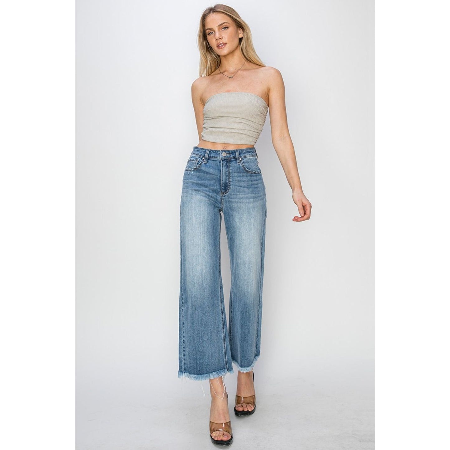 RISEN Raw Hem Cropped Wide Leg Jeans