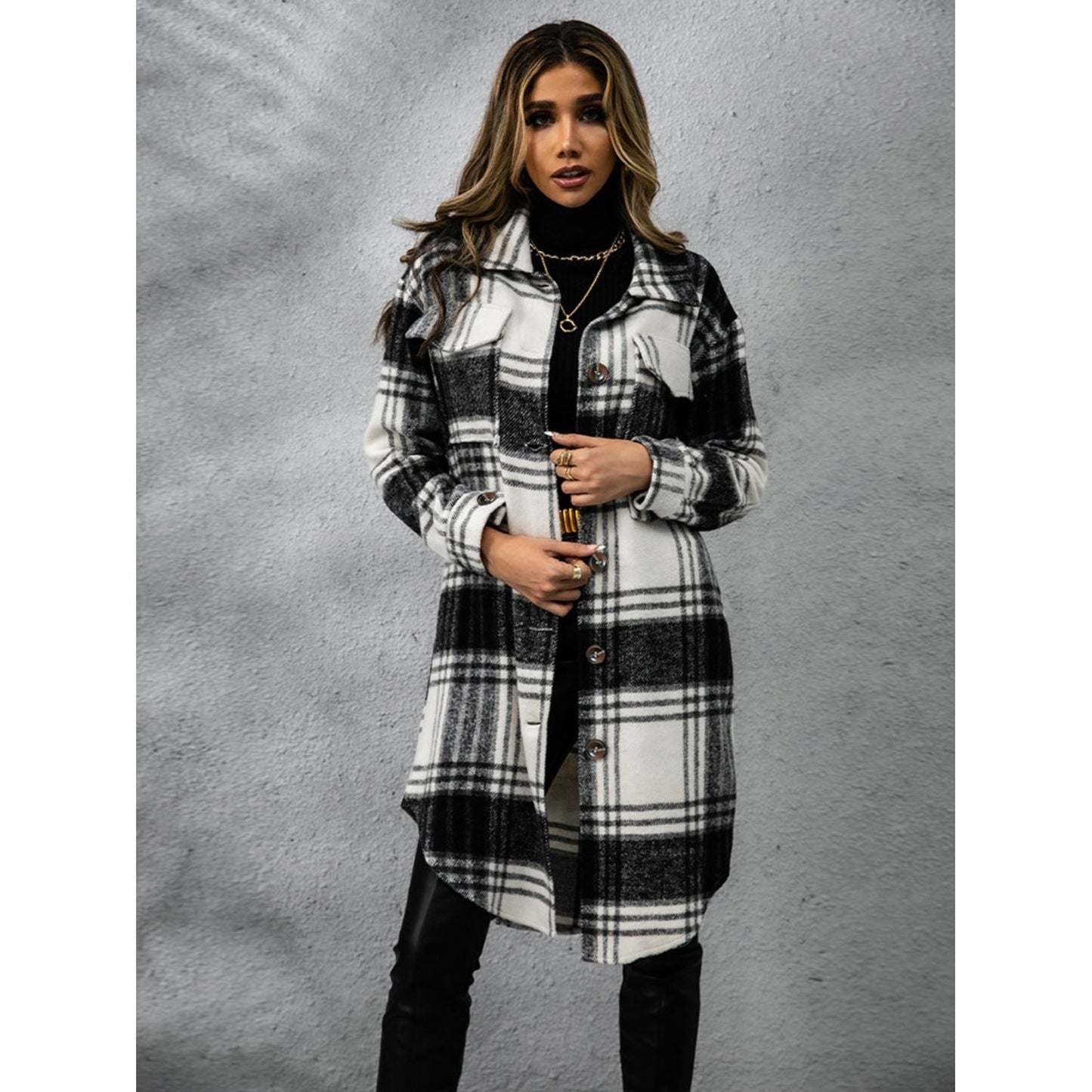 Plaid Collared Neck Long Sleeve Coat