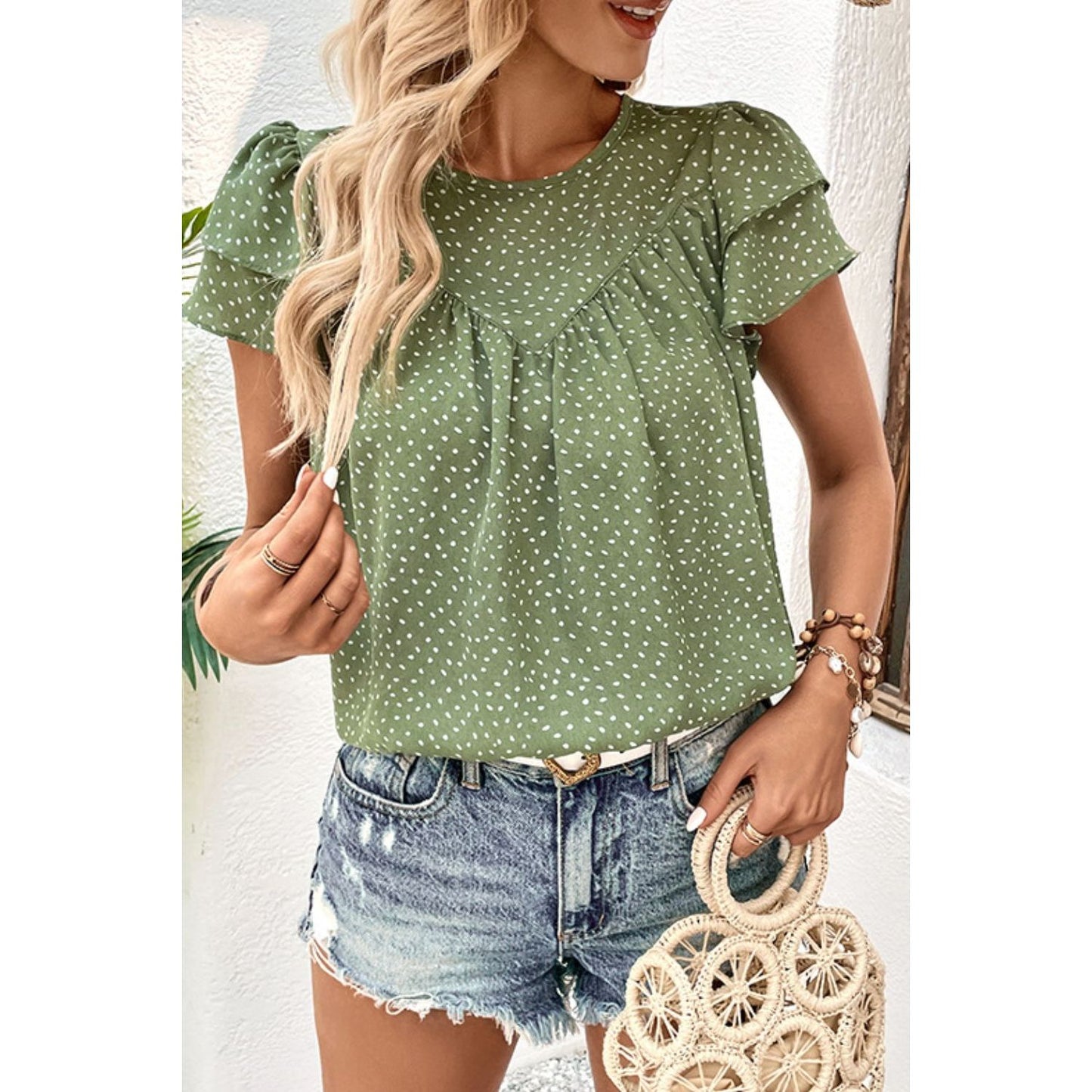 Printed Round Neck Puff Sleeve Blouse