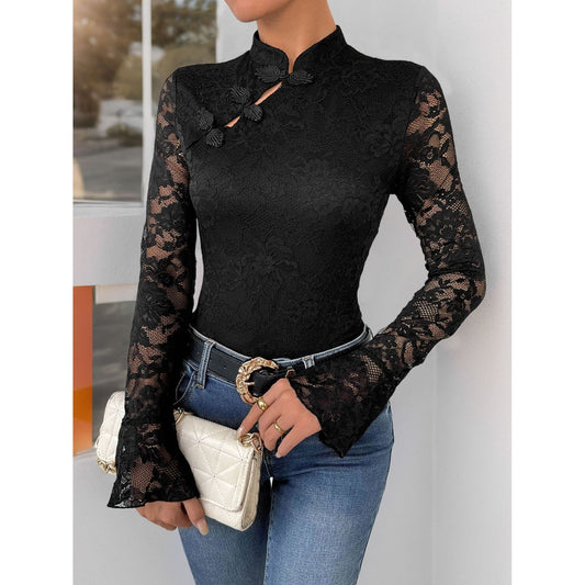 Perfee Lace Mock Neck Long Sleeve Bodysuit