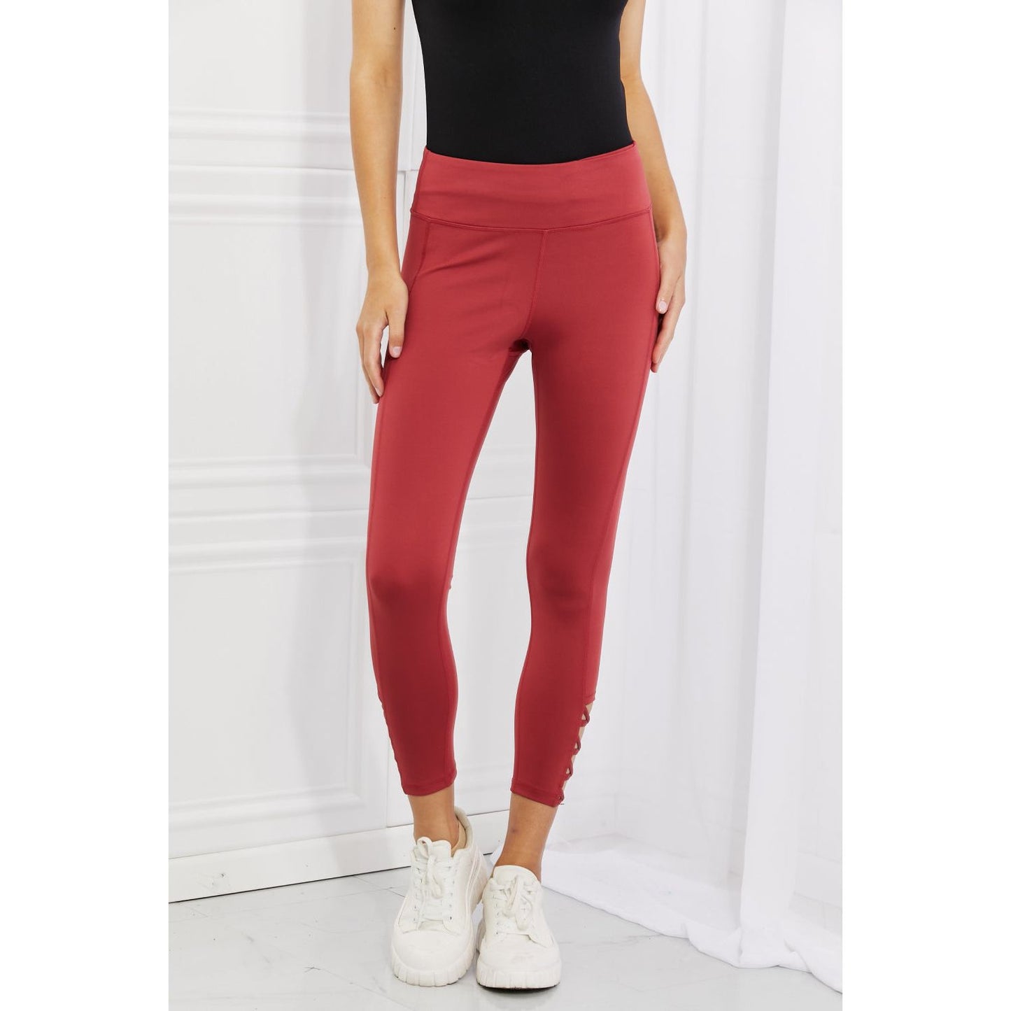 Yelete Ready For Action Full Size Ankle Cutout Active Leggings in Brick Red