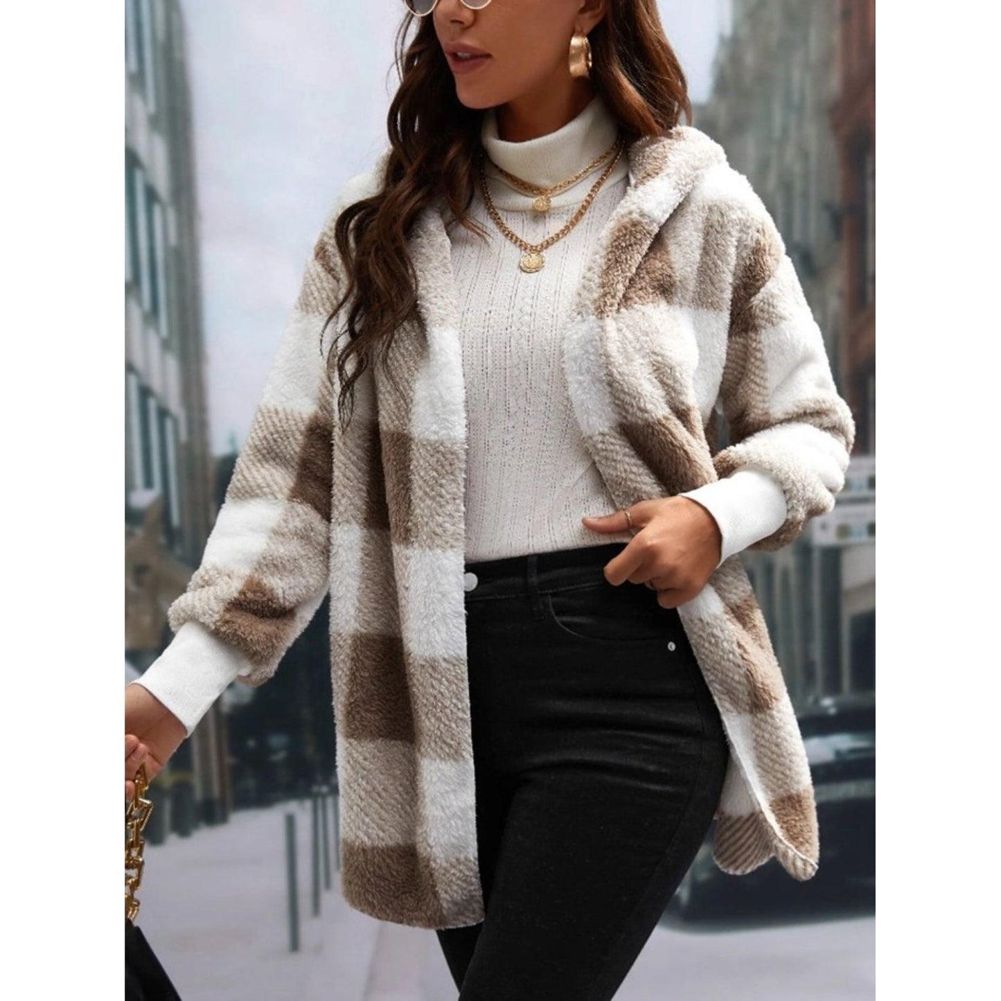 Plaid Long Sleeve Hooded Coat