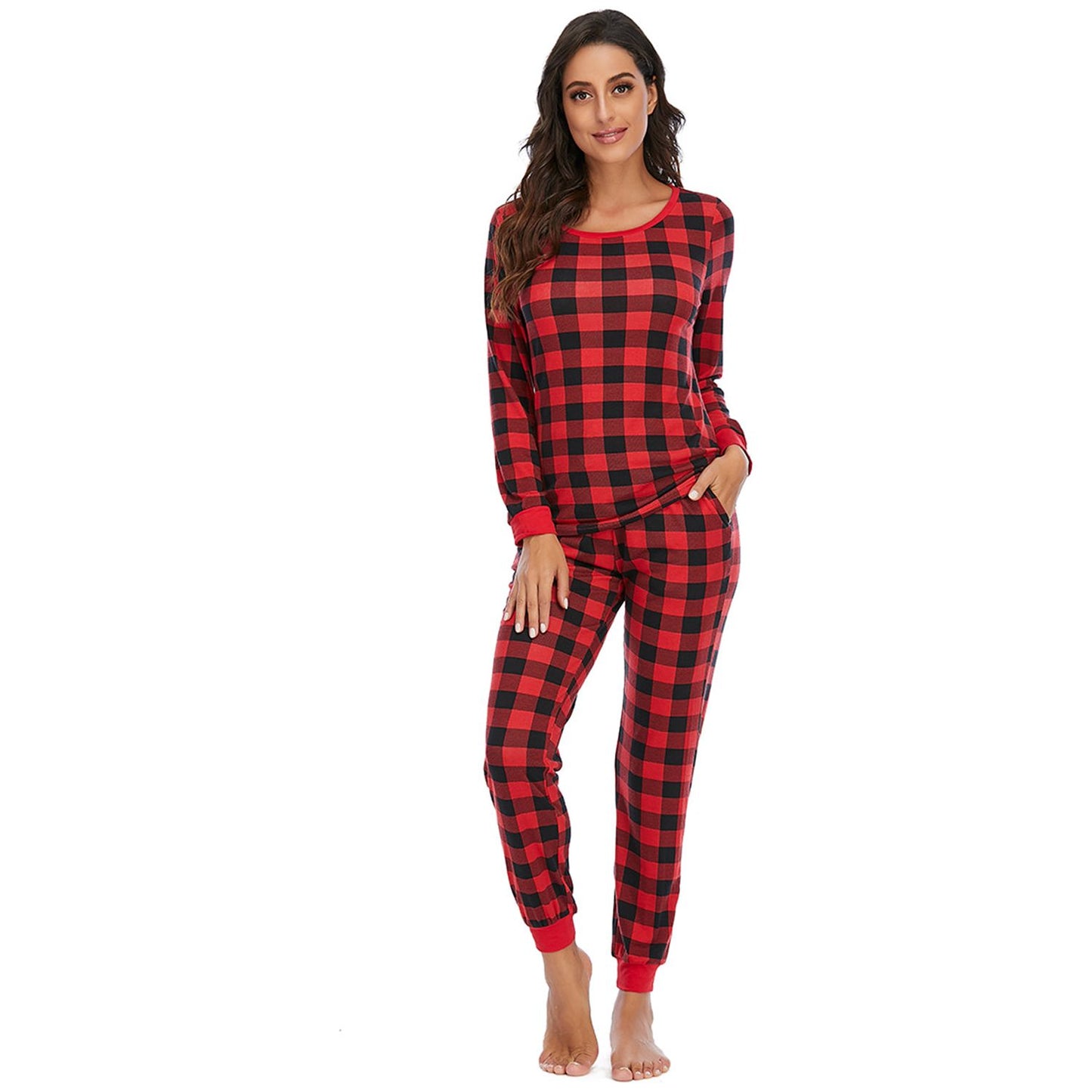 Plaid Round Neck Top and Pants Set