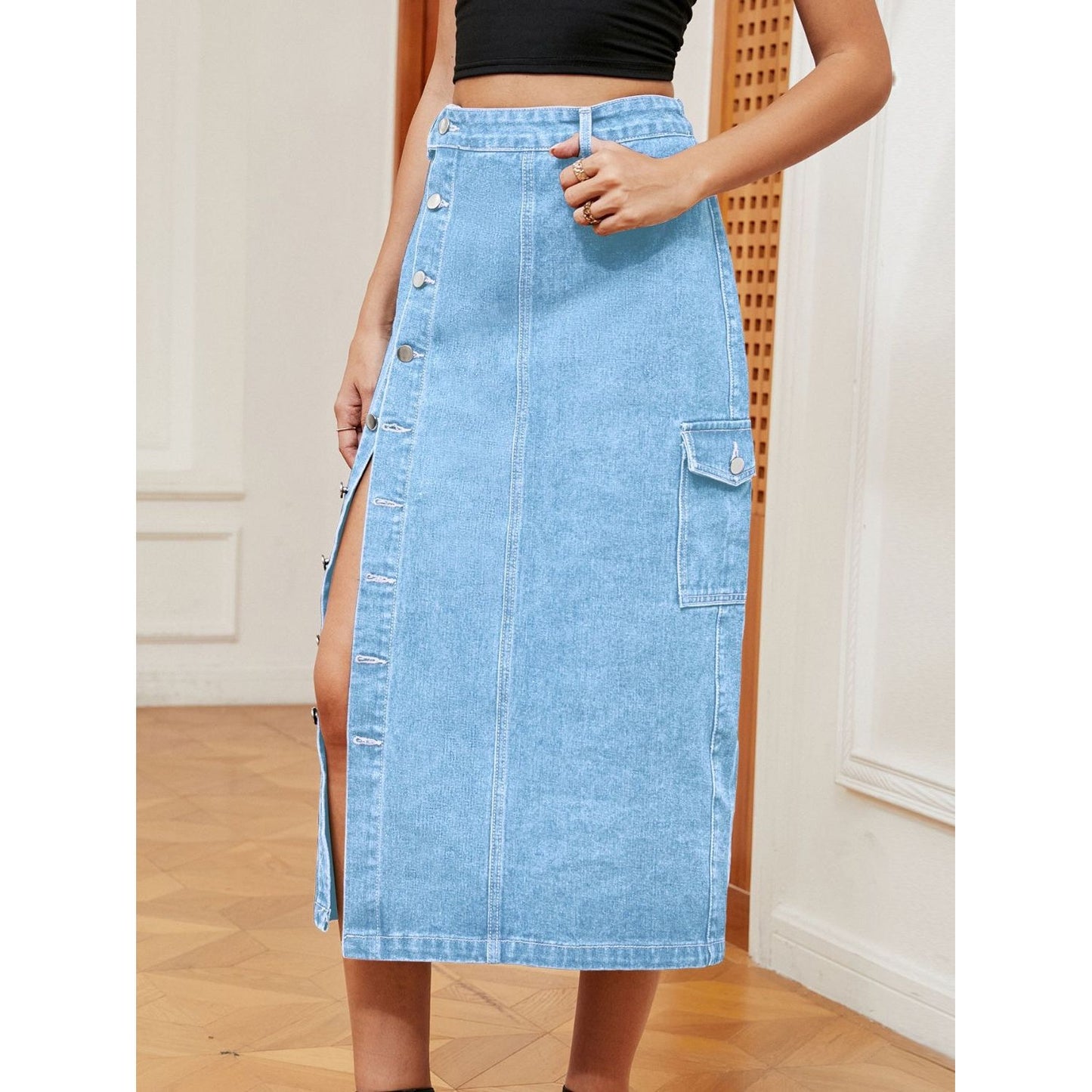 Button Down Midi Denim Skirt