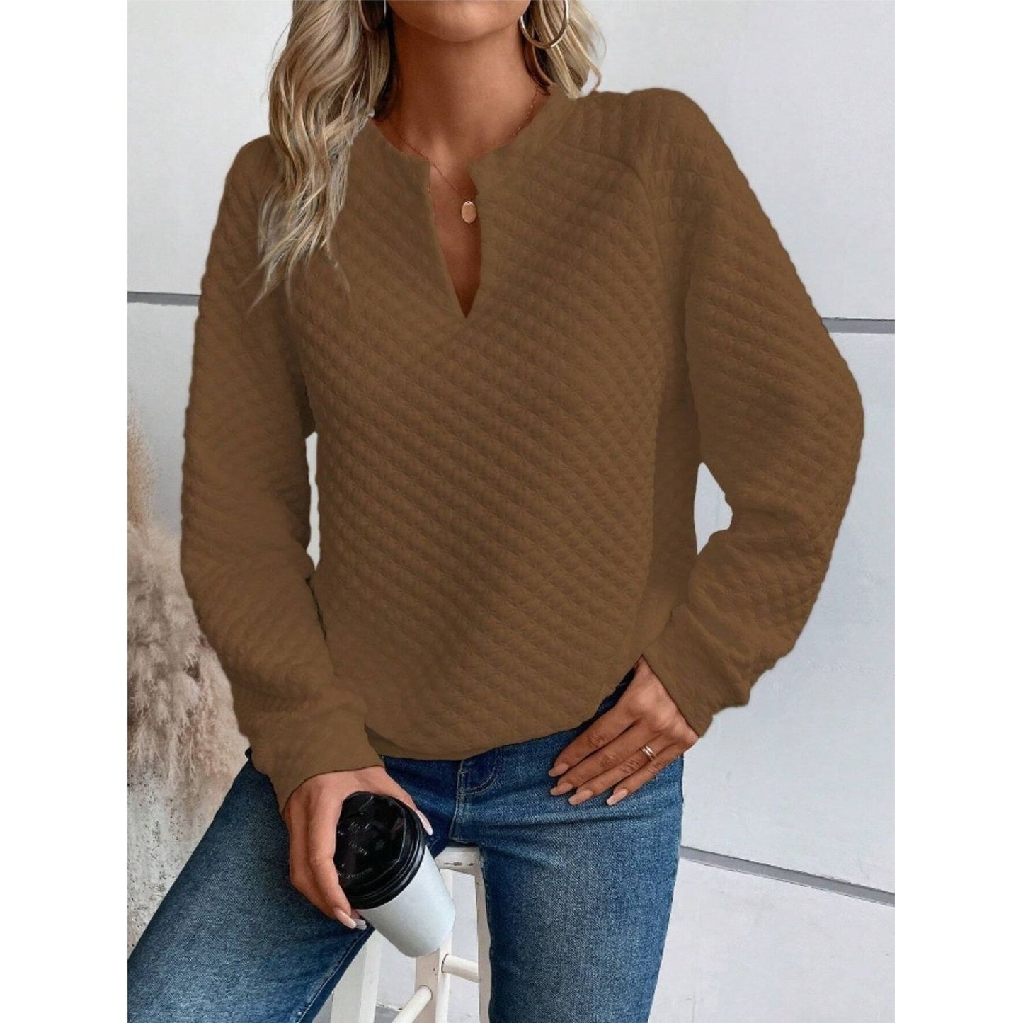 Notched Long Sleeve Sweatshirt