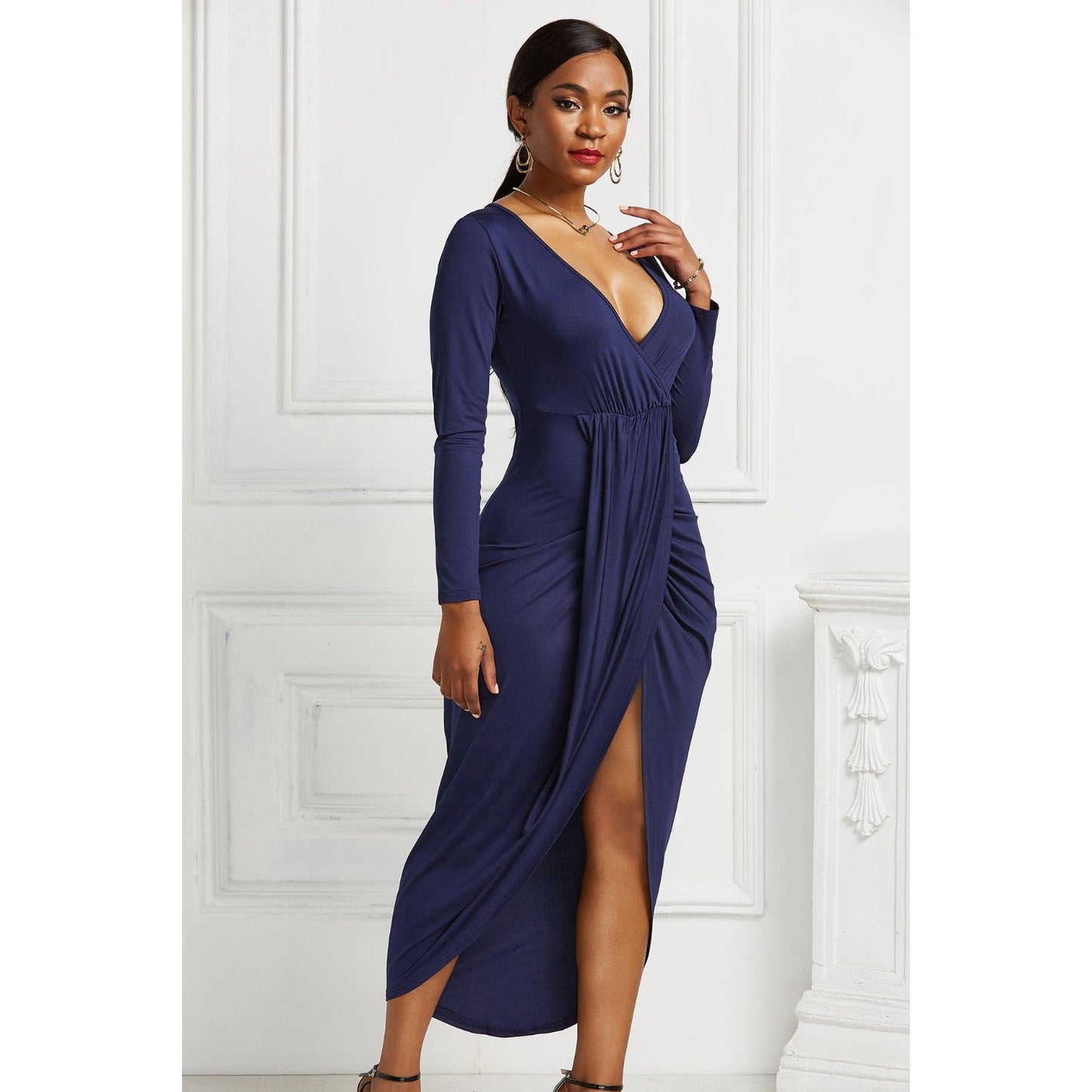 High-low Ruched Surplice Long Sleeve Dress