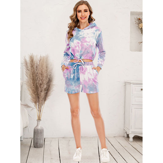 Tie-Dye Drawstring Hooded Top and Shorts Set