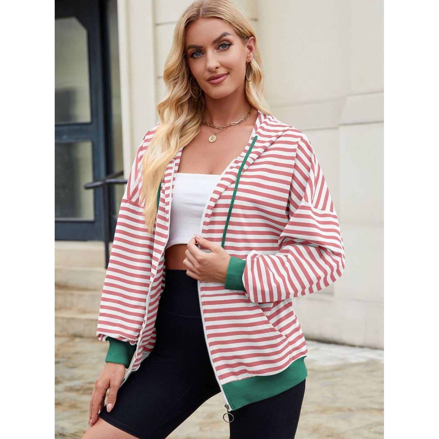 Drawstring Striped Zip Up Long Sleeve Hoodie