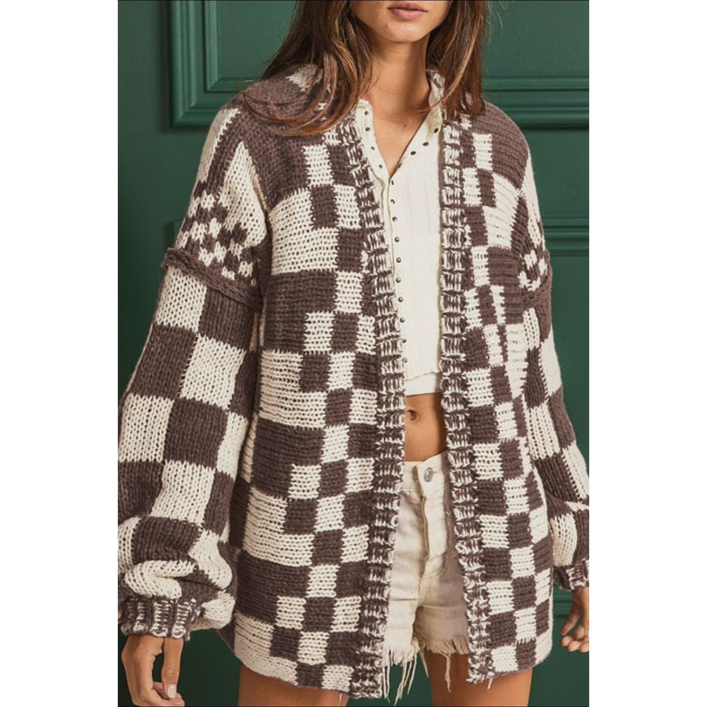 Checkered Open Front Long Sleeve Cardigan