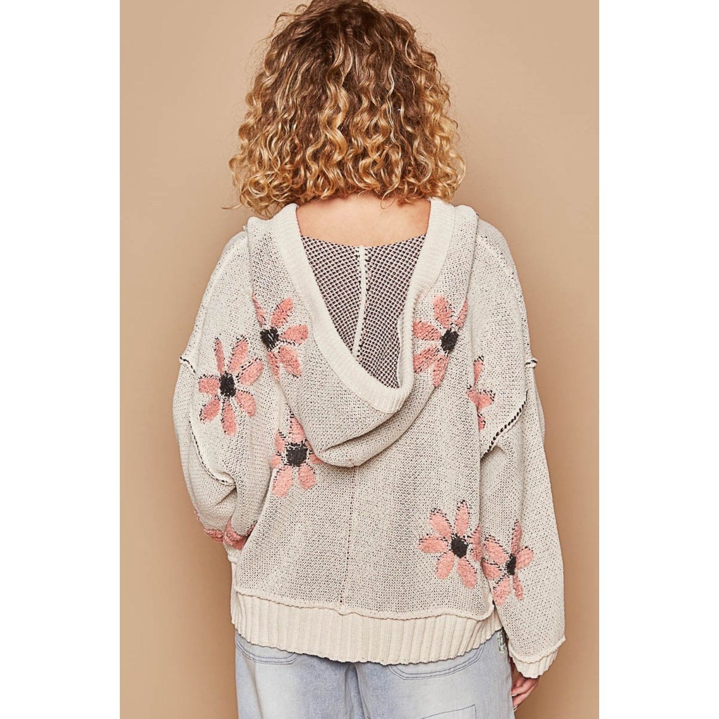 POL Floral Pattern Hooded High-Low Sweater