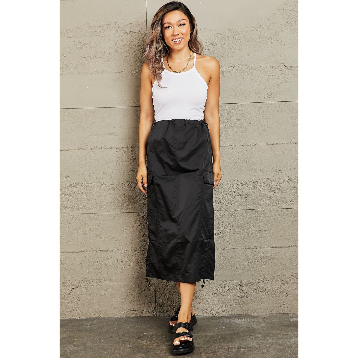 HYFVE Just In Time High Waisted Cargo Midi Skirt in Black