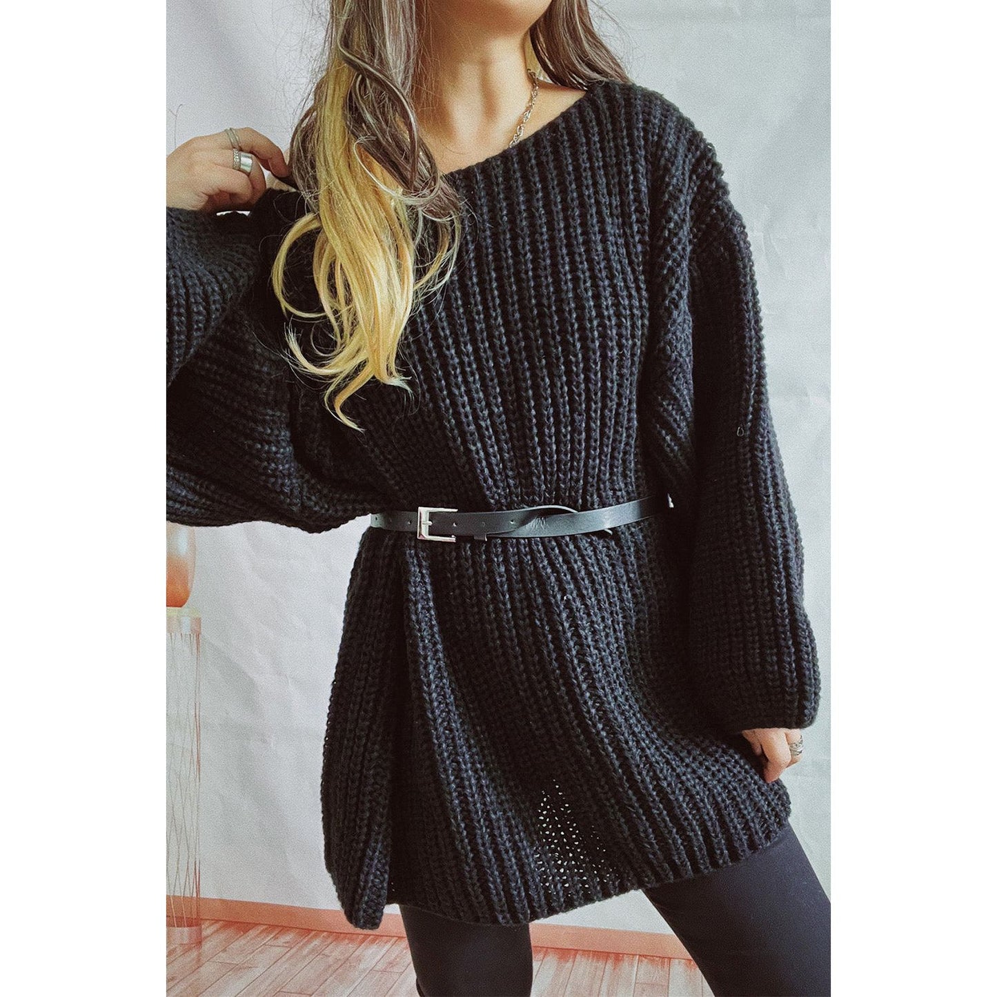 Boat Neck Dropped Shoulder Mini Sweater Dress