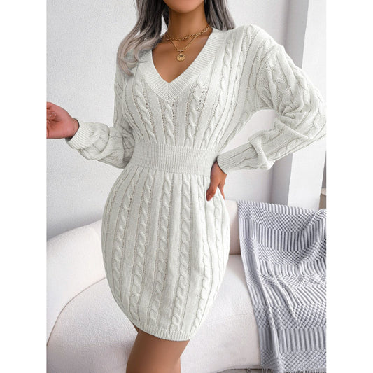 Cable-Knit V-Neck Mini Sweater Dress