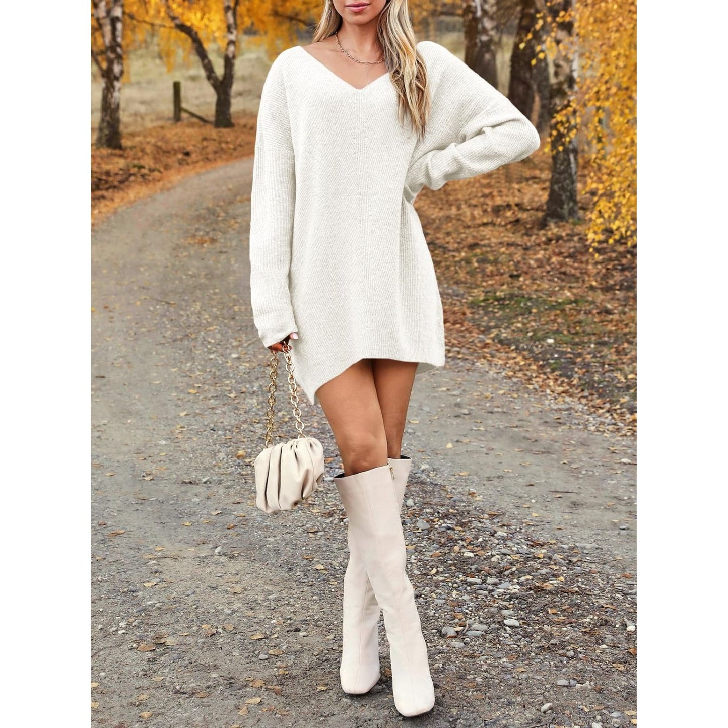 V-Neck Dropped Shoulder Sweater Dress