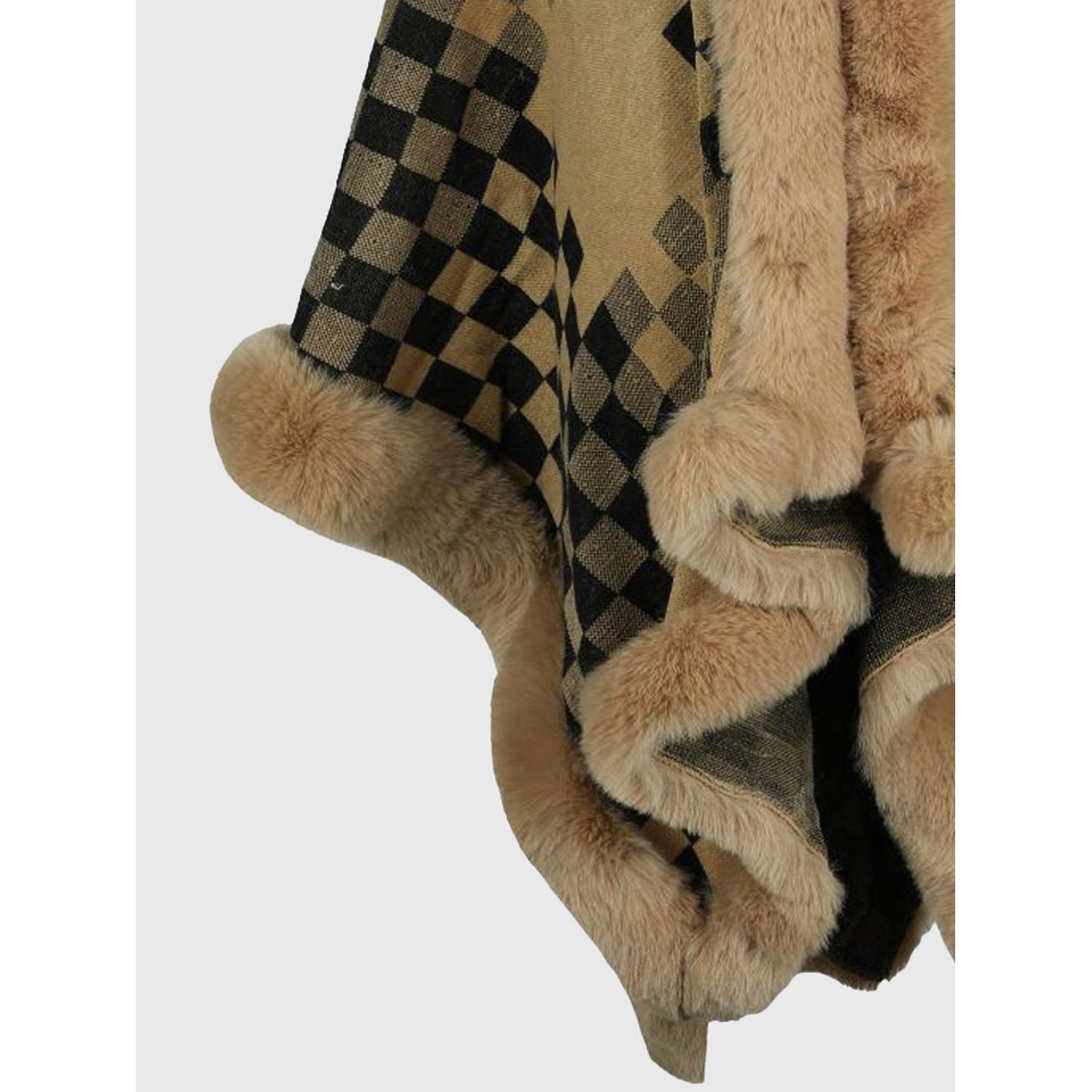 Checkered Faux Fur Trim Poncho