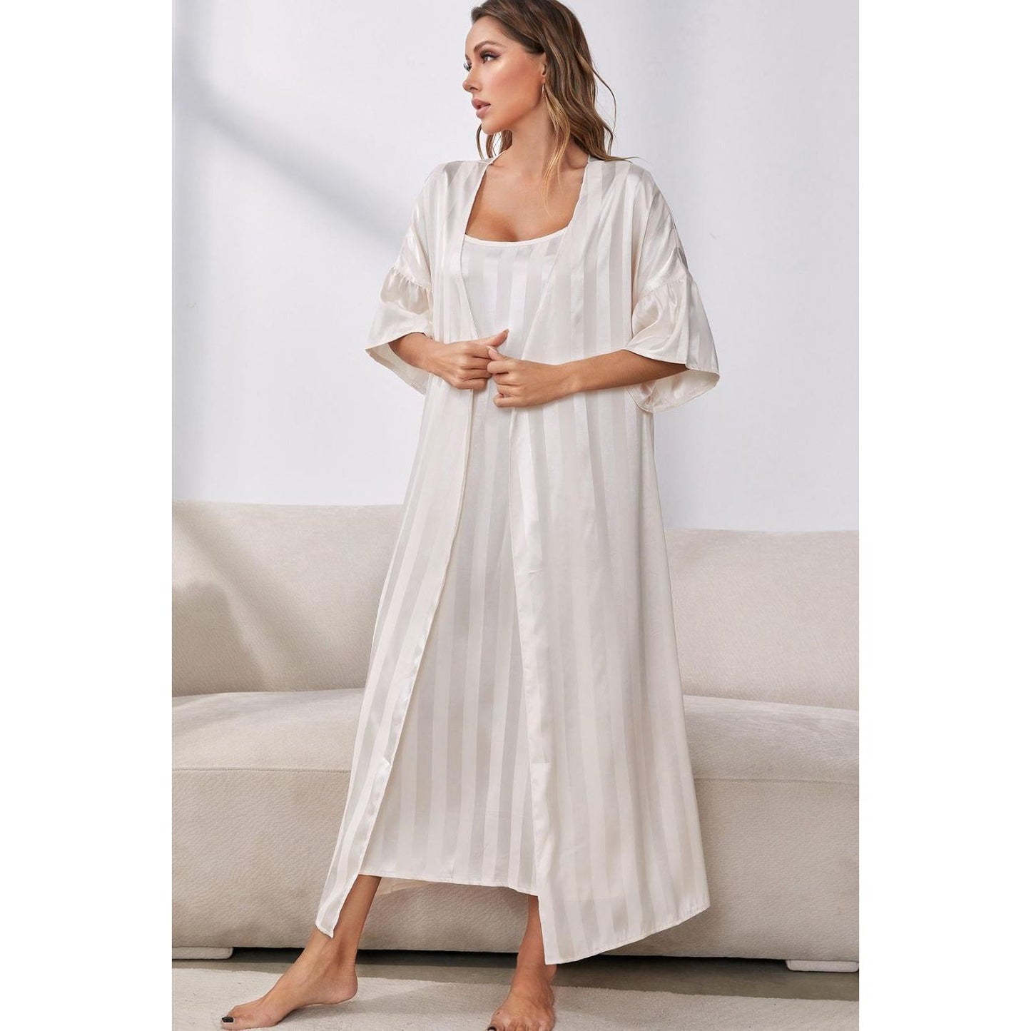 Striped Flounce Sleeve Open Front Robe and Cami Dress Set