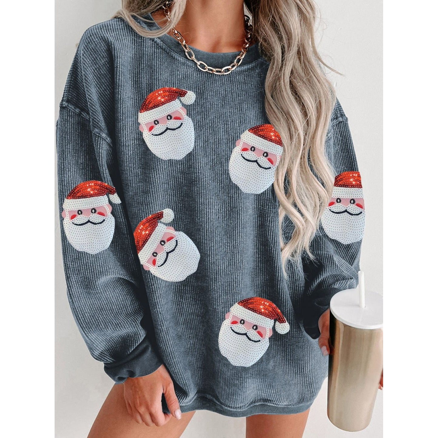 Sequin Santa Patch Ribbed Sweatshirt