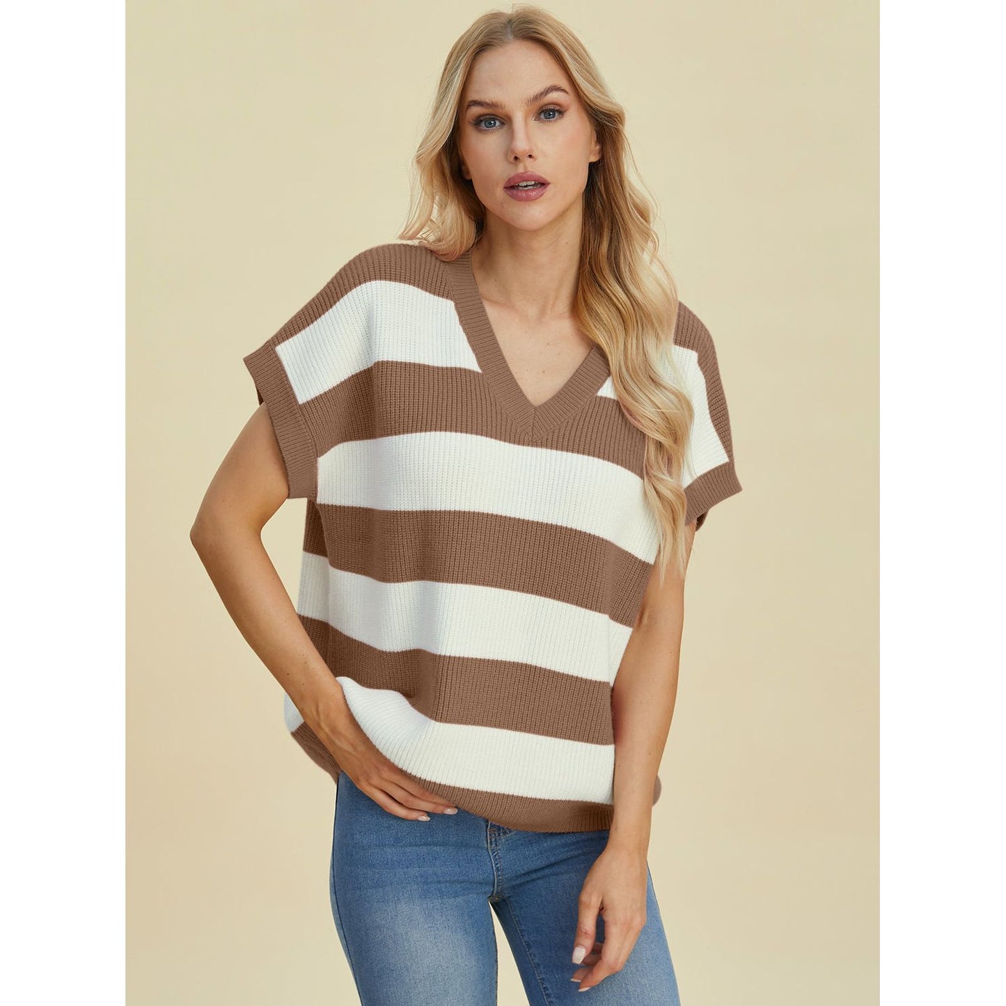 Double Take Full Size Striped V-Neck Short Sleeve Sweater