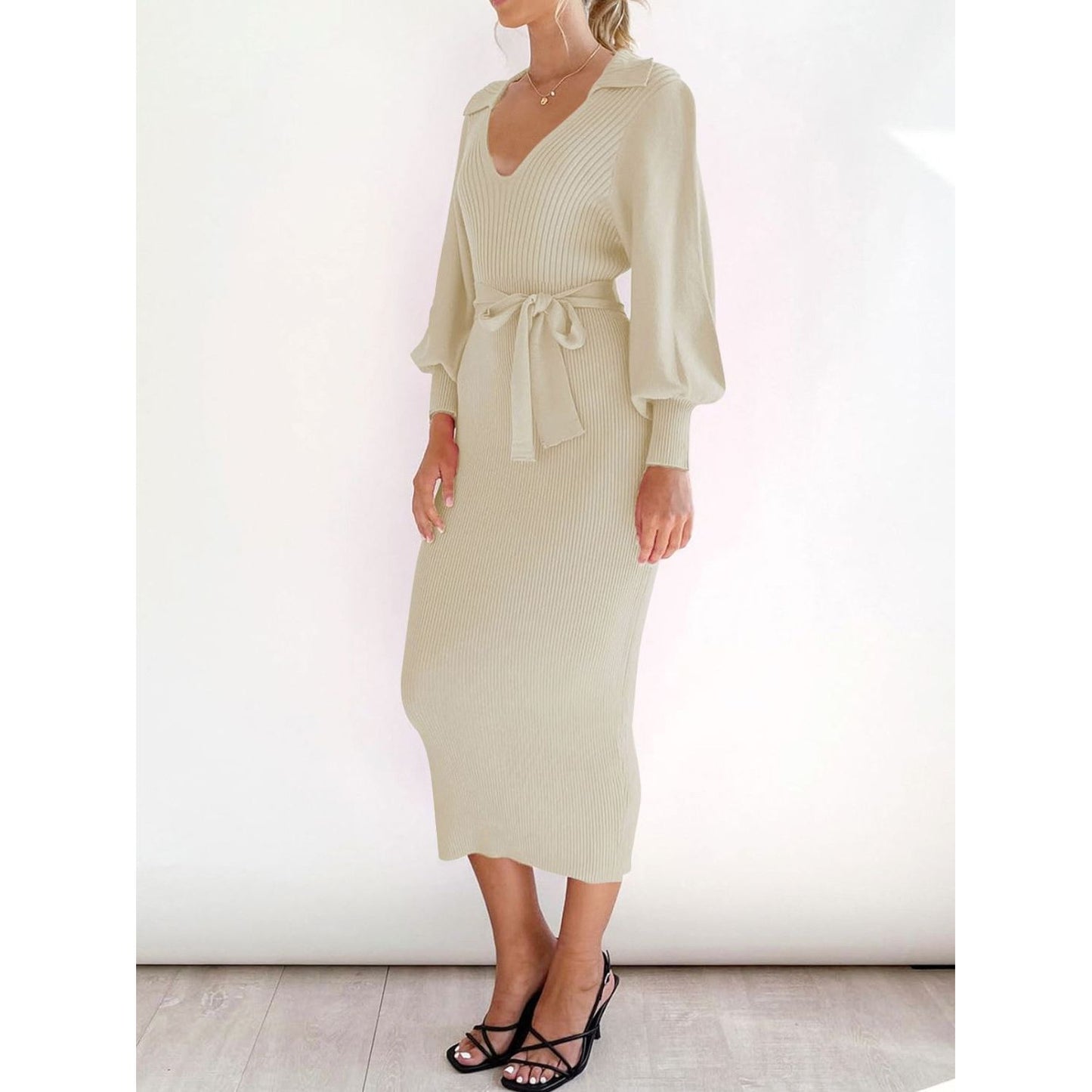 Perfee Tied Long Sleeve Wrap Sweater Dress