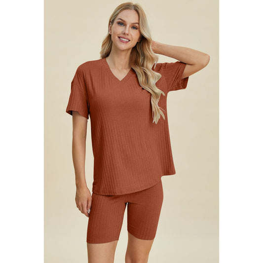 Basic Bae Full Size Ribbed V-Neck Short Sleeve Top and Shorts Set