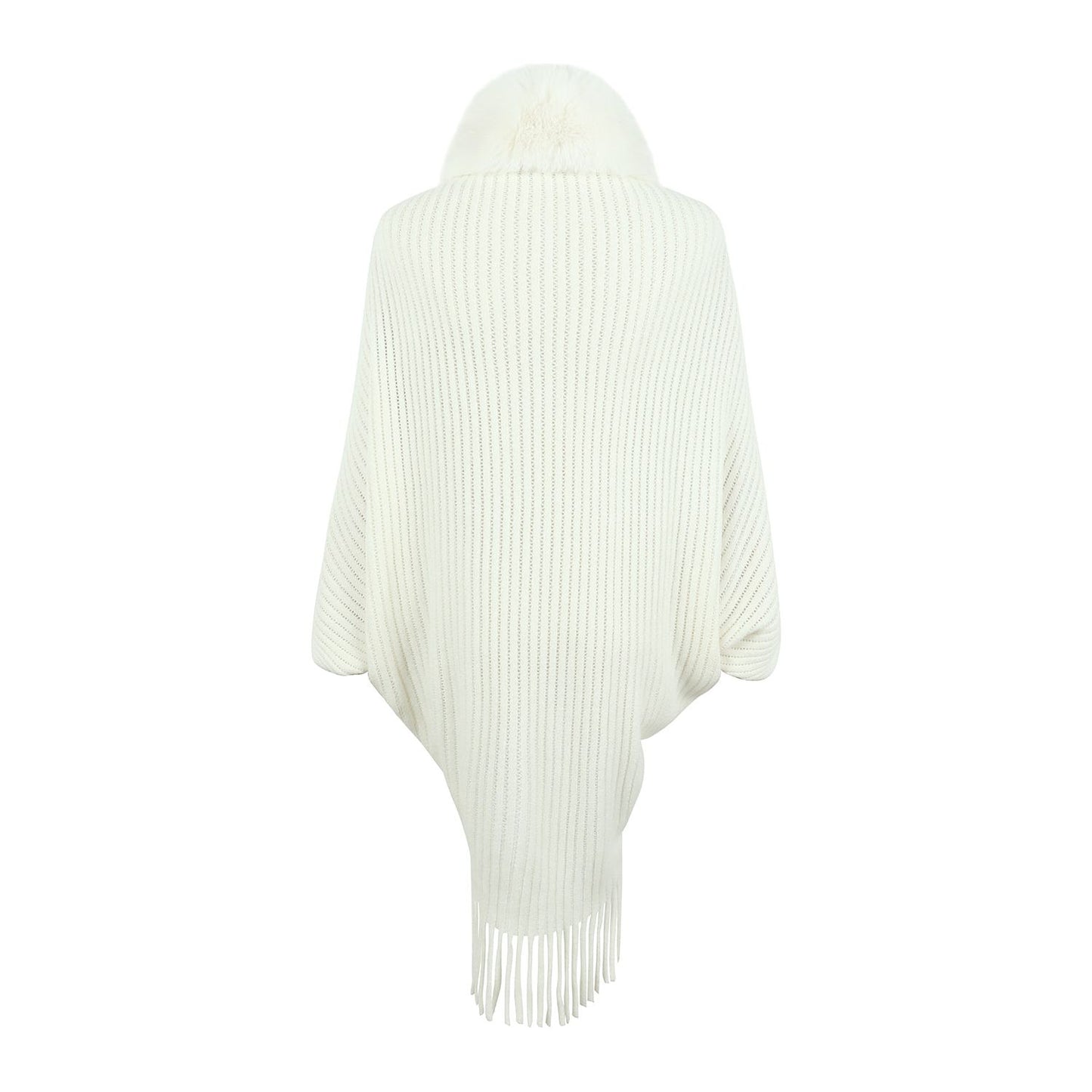 Fringe Detail Long Sleeve Ribbed Poncho