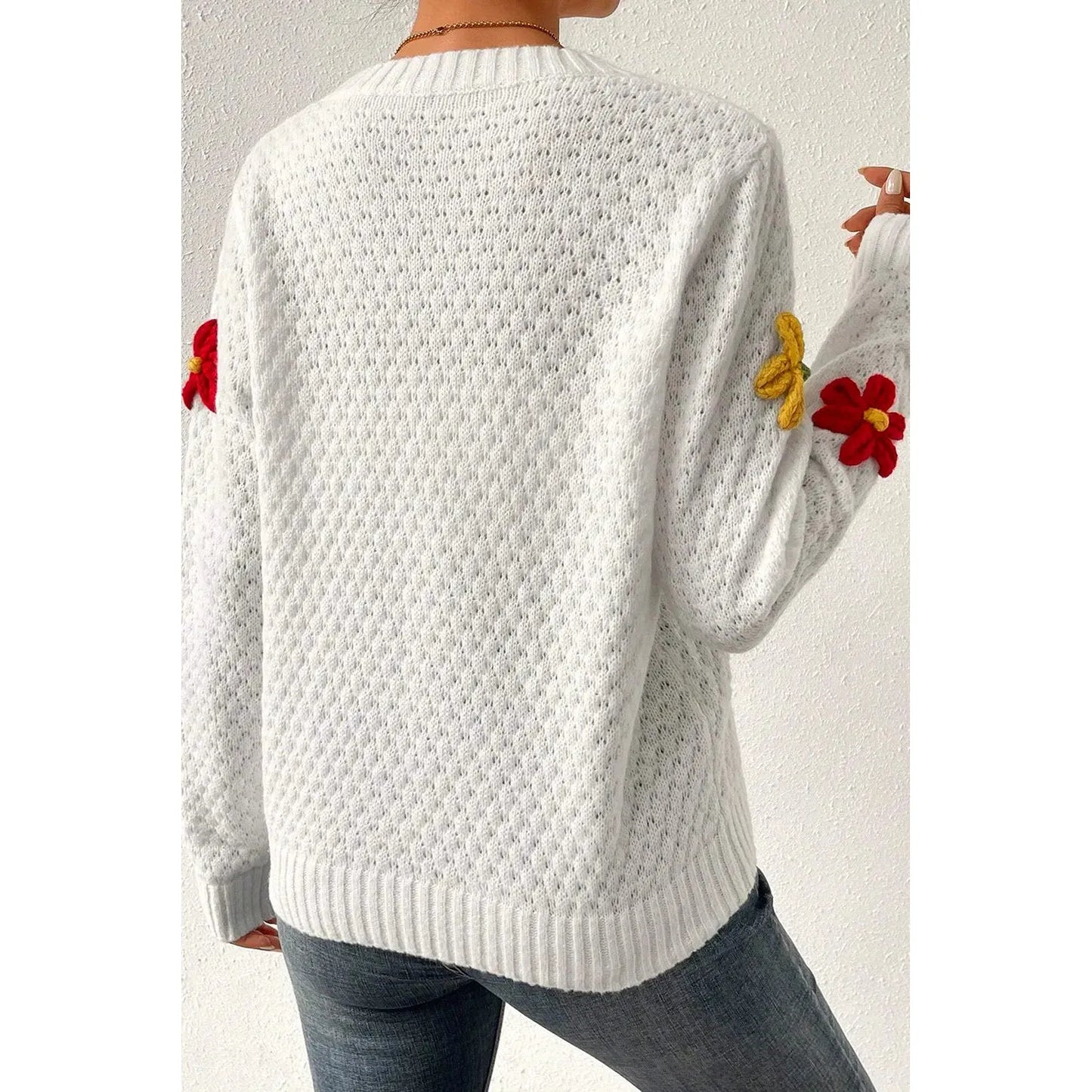 Crochet Flower Round Neck Sweater