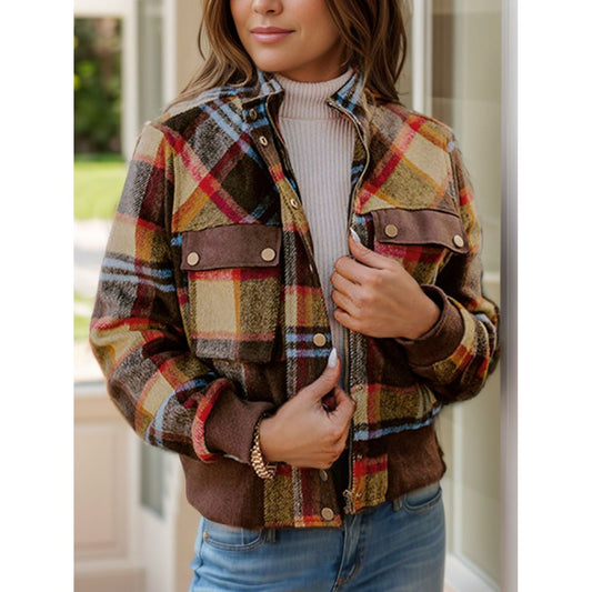 Pocketed Plaid Long Sleeve Jacket