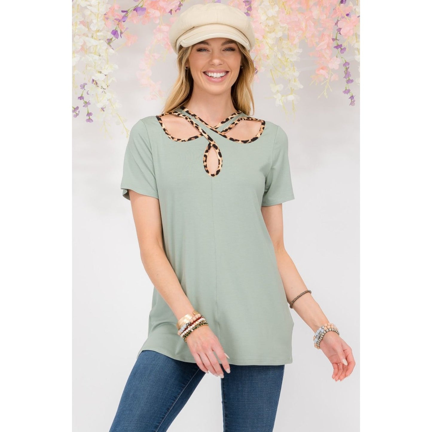 Celeste Full Size Crisscross Cutout Leopard Contrast Trim T-Shirt