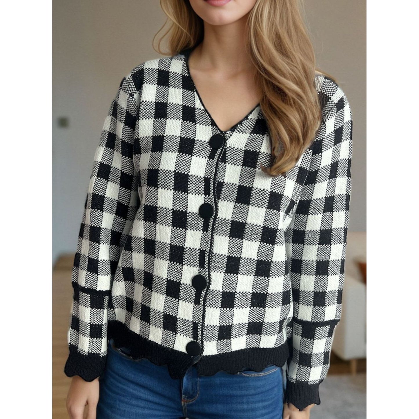 Plaid V-Neck Button Up Cardigan