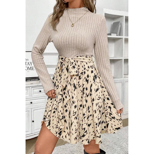 Tied Printed Mock Neck Long Sleeve Dress