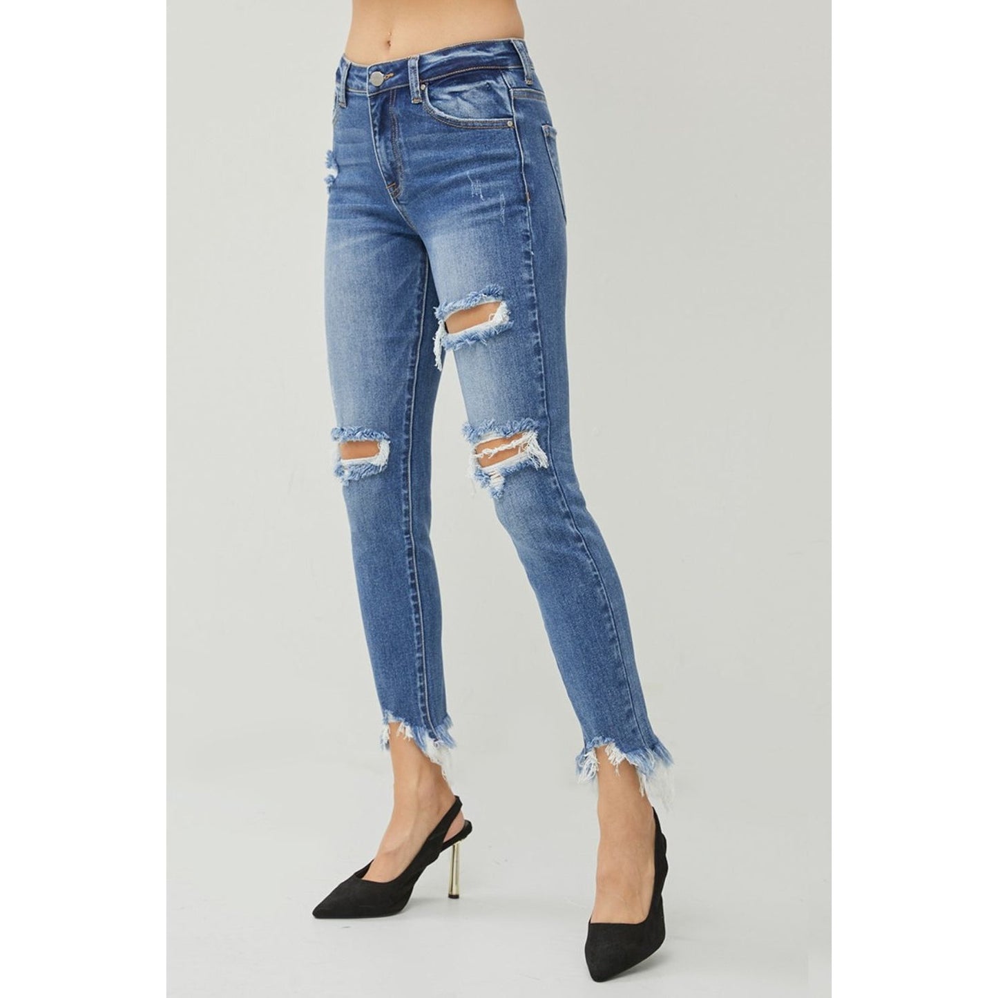 RISEN Distressed Frayed Hem Slim Jeans