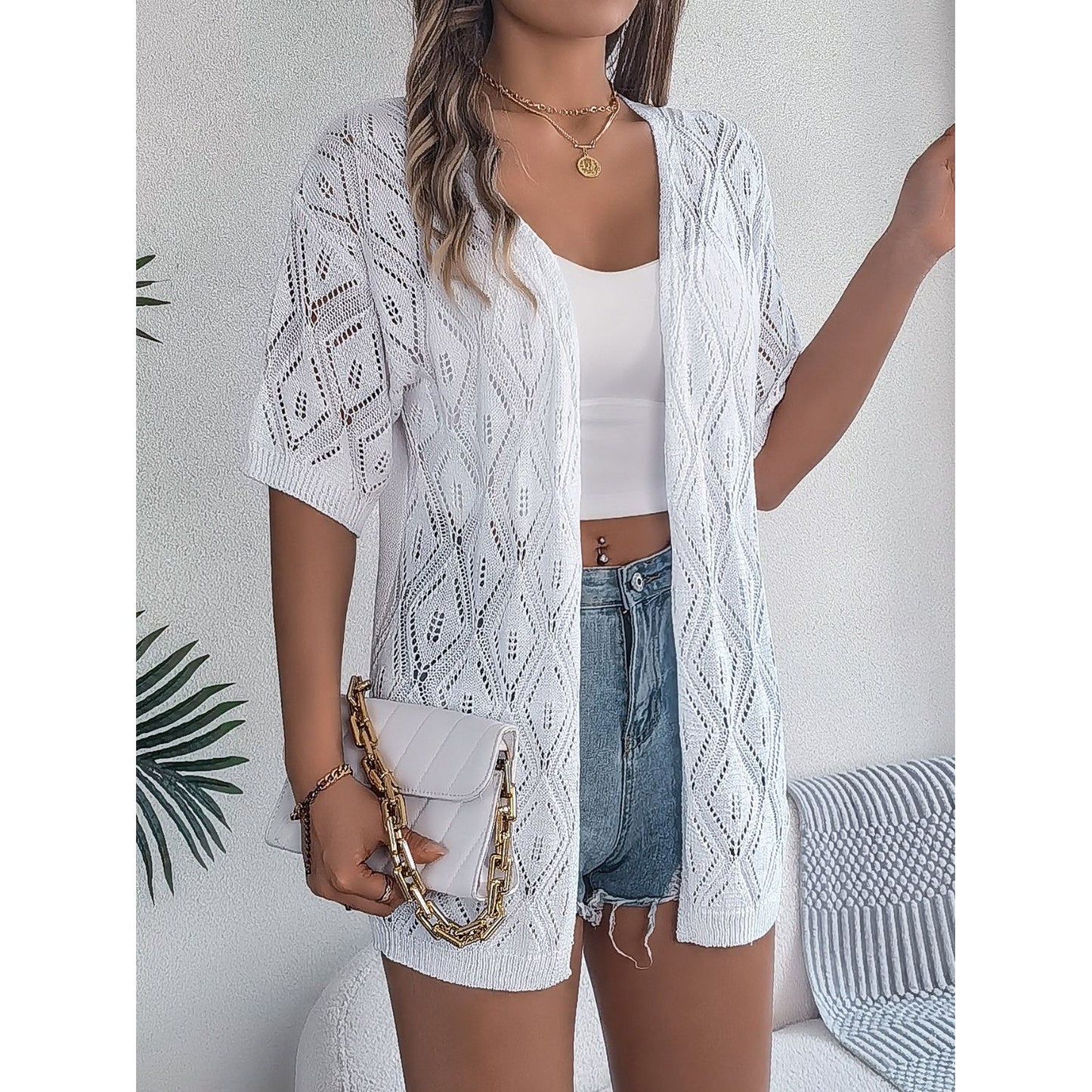 Openwork Open Front Half Sleeve Cardigan