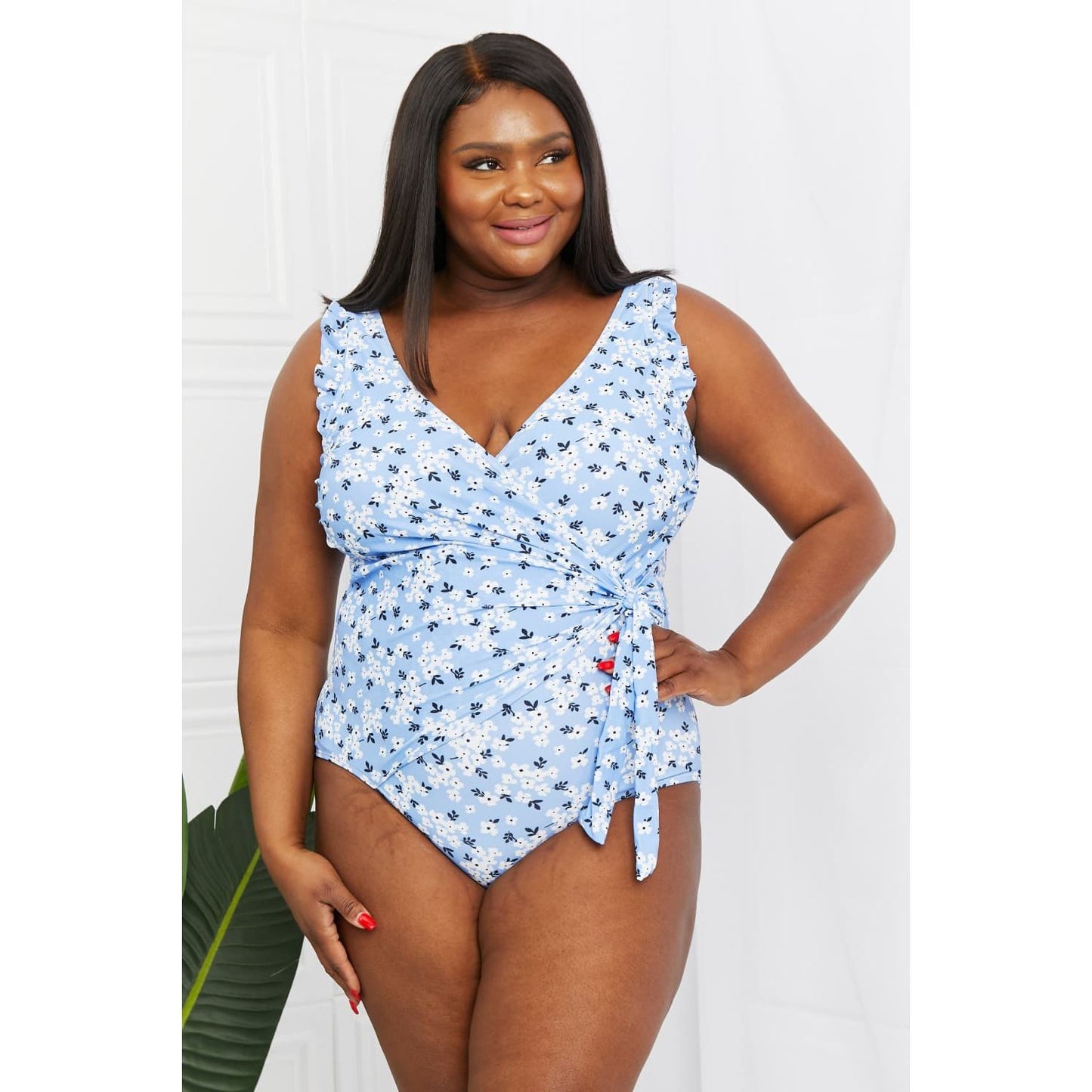 Marina West Swim Full Size Float On Ruffle Faux Wrap One-Piece in Blossom Blue