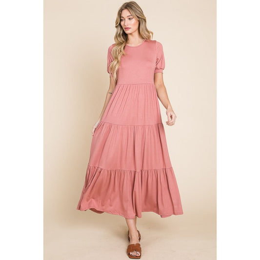 BOMBOM Short Sleeve Tiered Maxi Dress