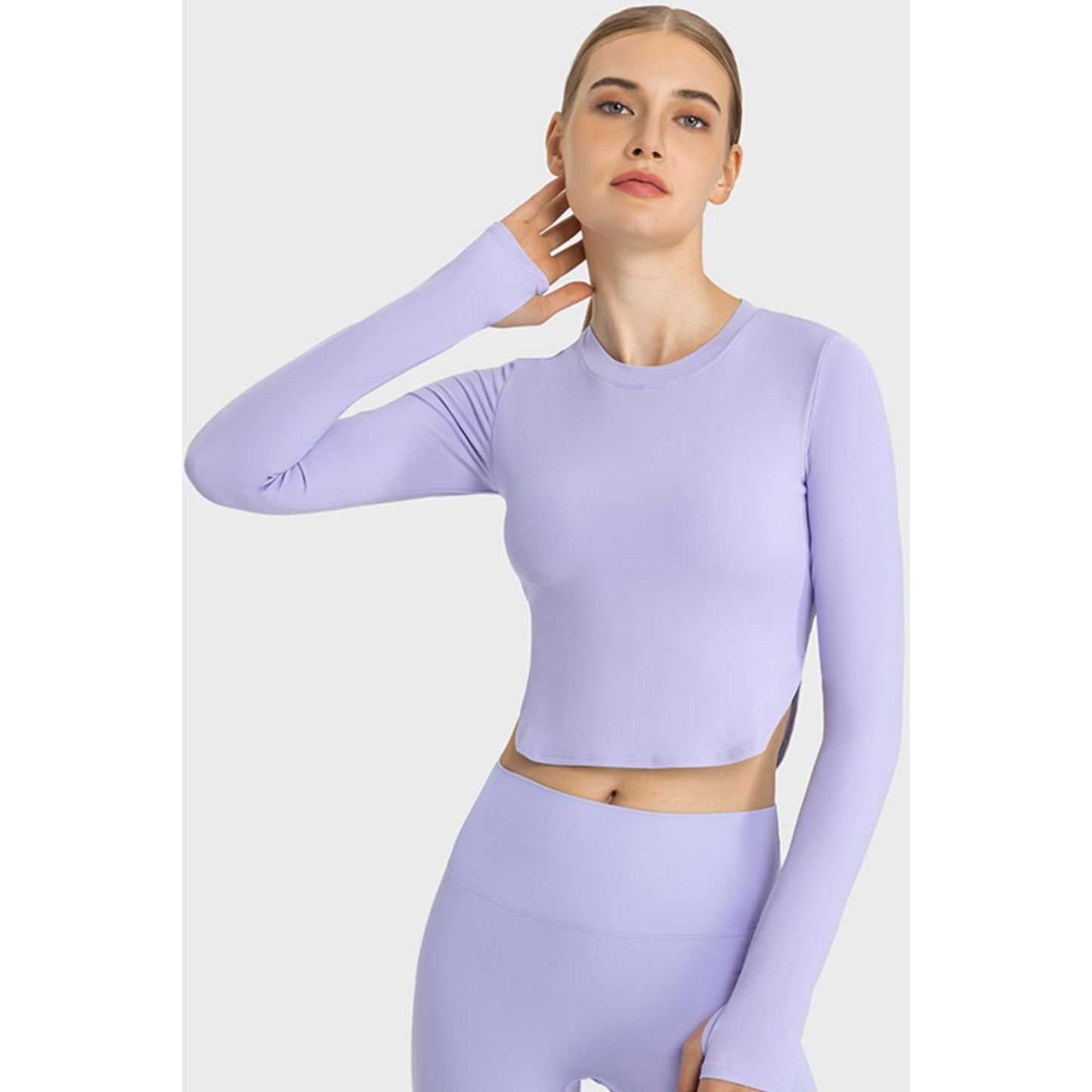 Side Slit Long Sleeve Round Neck Crop Top