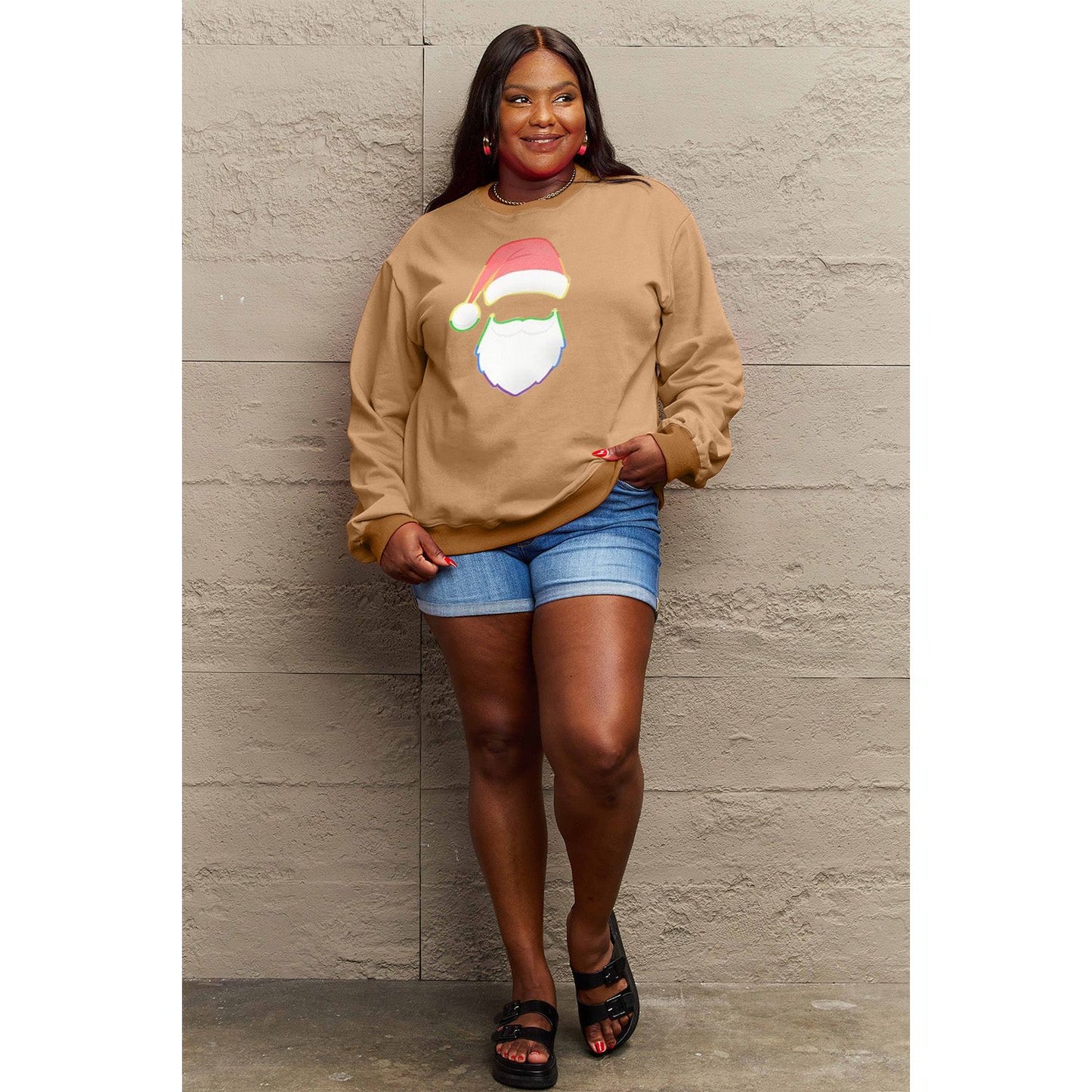 Simply Love Full Size Rainbow Santa Graphic Round Neck Sweatshirt