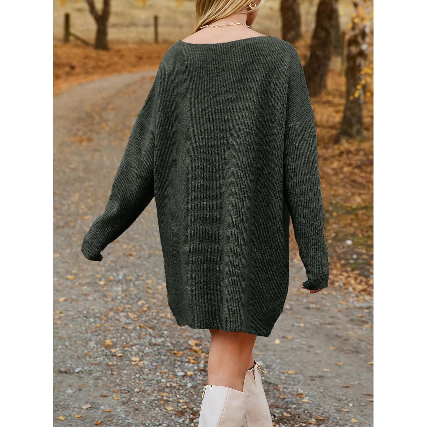 V-Neck Dropped Shoulder Sweater Dress