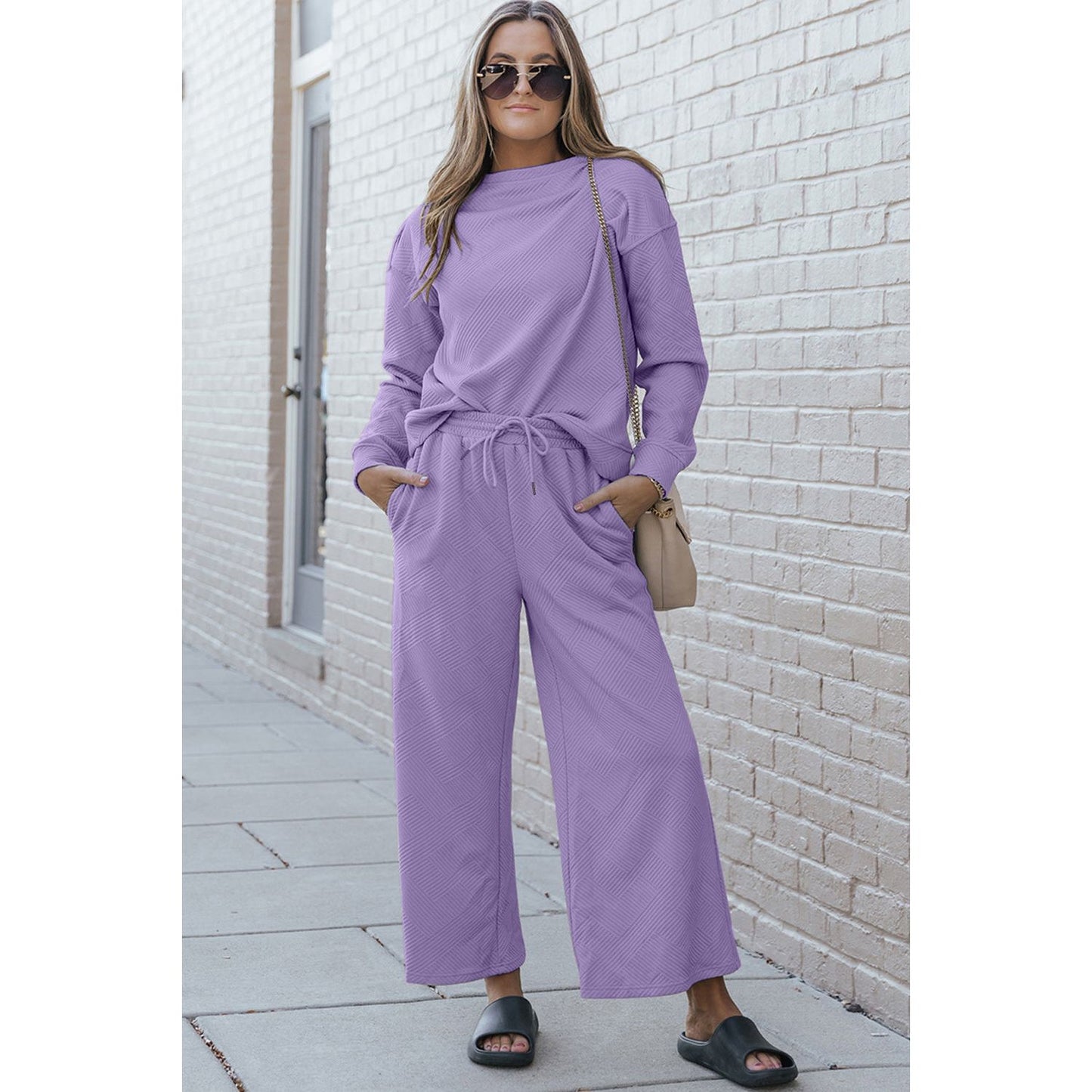 Double Take Full Size Textured Long Sleeve Top and Drawstring Pants Set