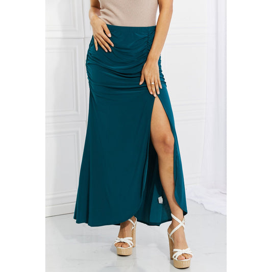 White Birch Full Size Up and Up Ruched Slit Maxi Skirt in Teal