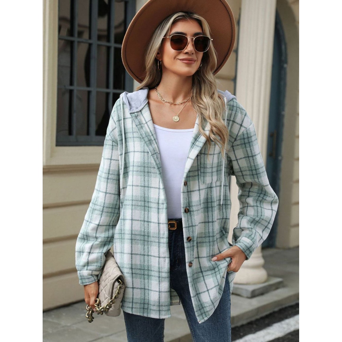 Drawstring Plaid Button Up Hooded Jacket