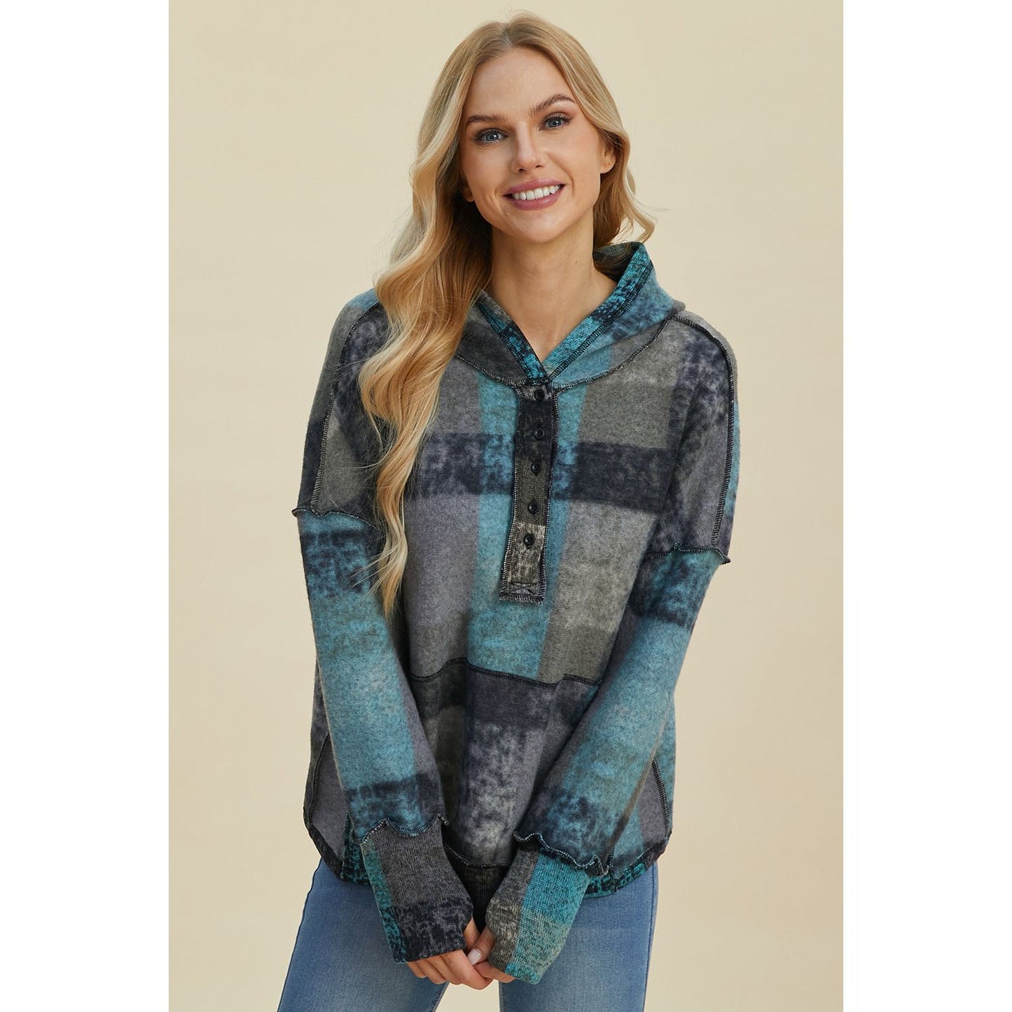 Double Take Full Size Plaid Dropped Shoulder Hoodie