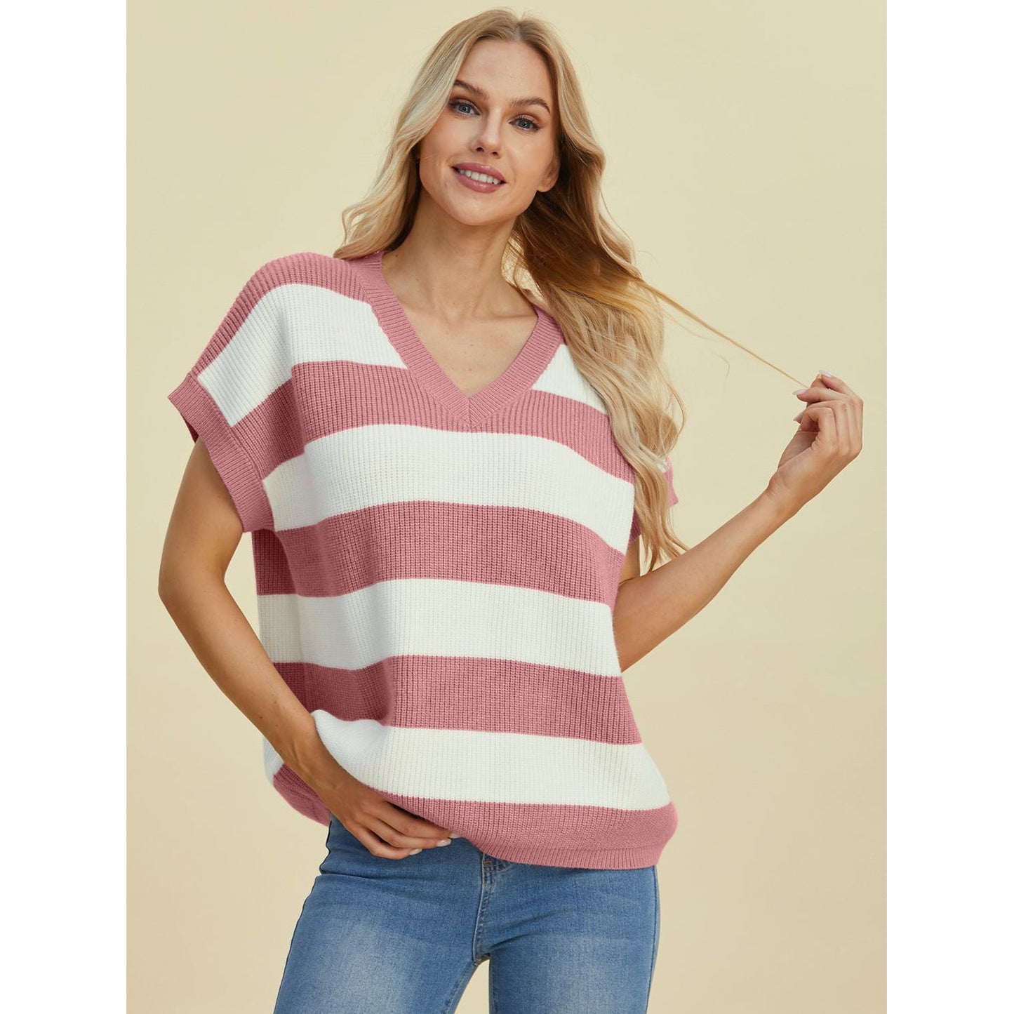 Double Take Full Size Striped V-Neck Short Sleeve Sweater