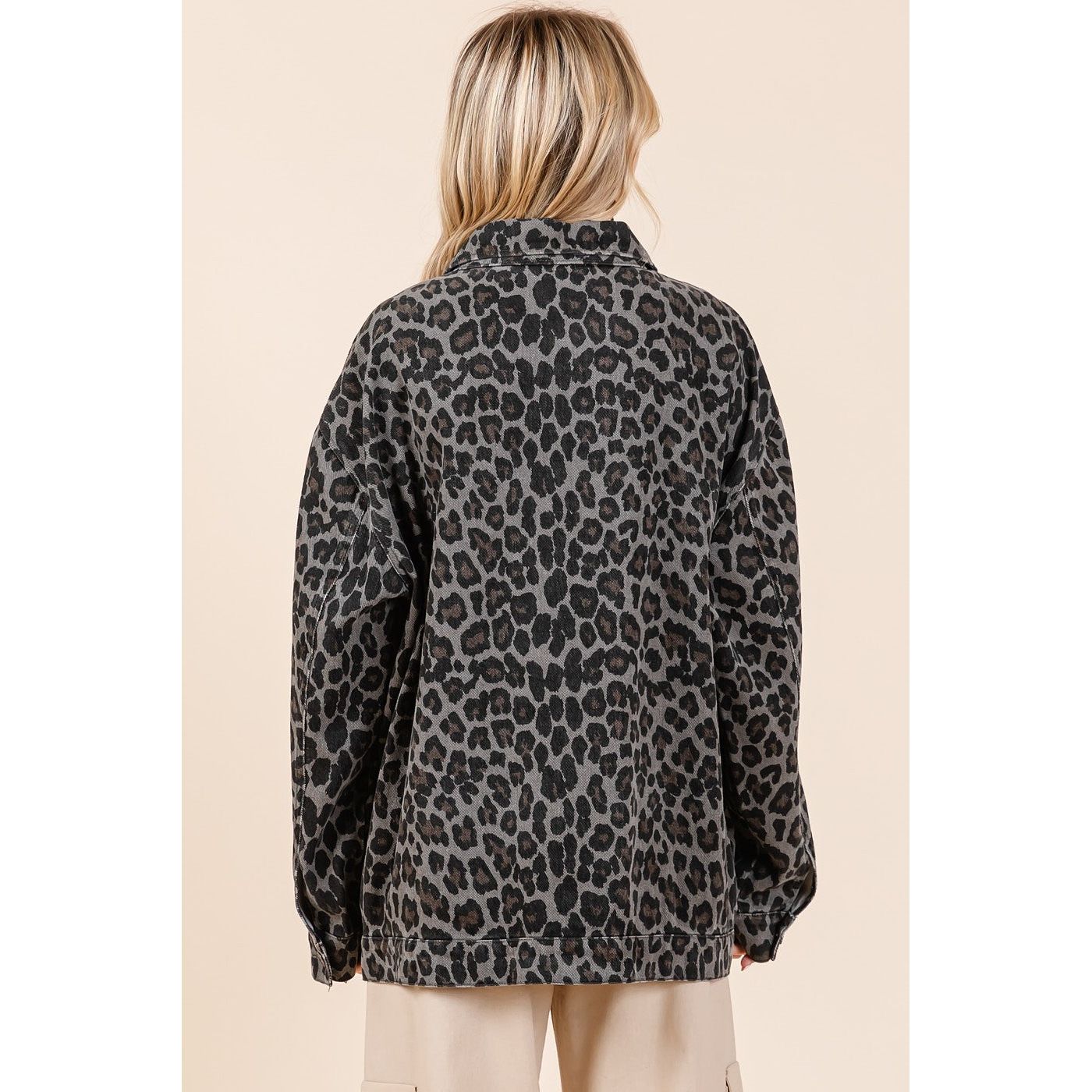 Mittoshop Leopard Button Up Denim Shacket with Breast Pockets