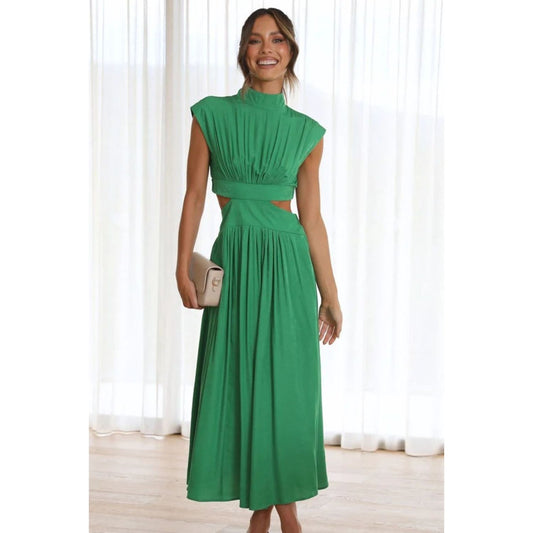 Cutout Mock Neck Sleeveless Ruched Dress