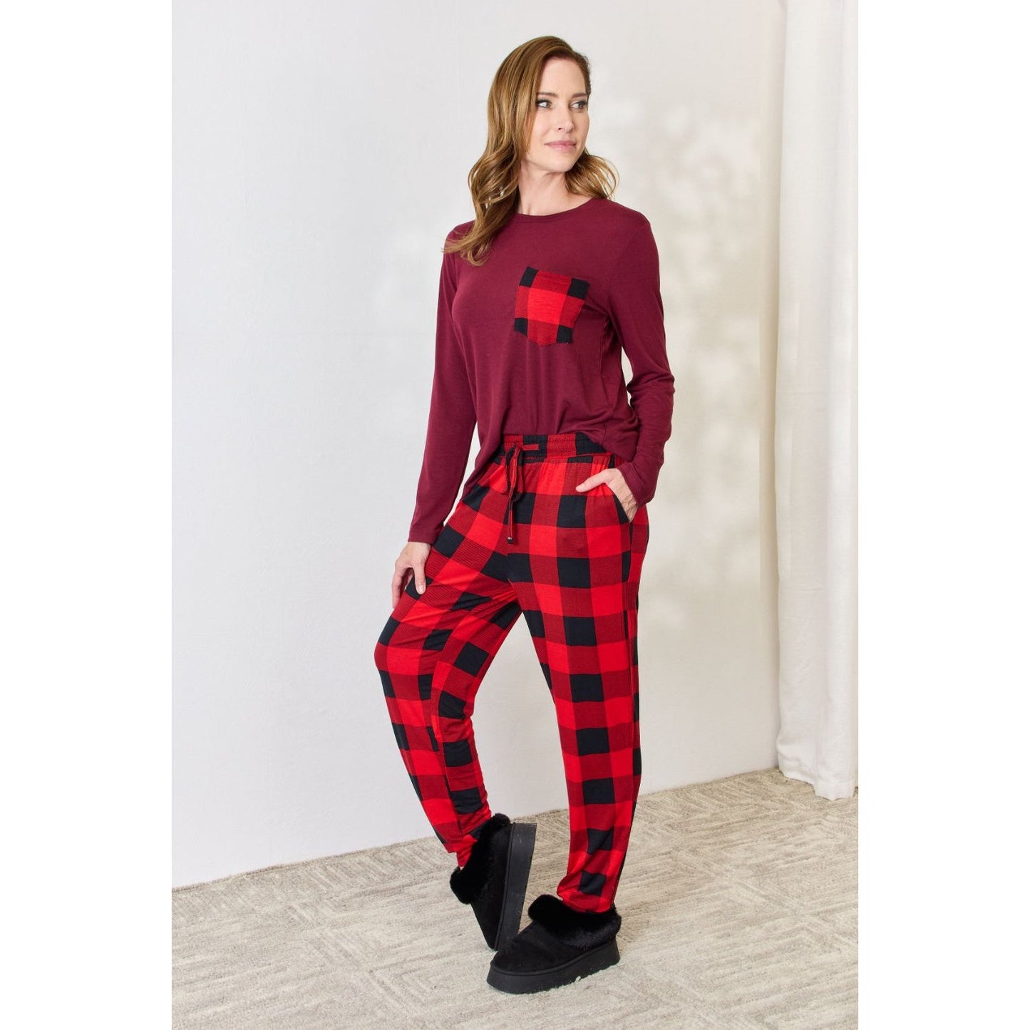 Zenana Full Size Plaid Round Neck Top and Pants Pajama Set