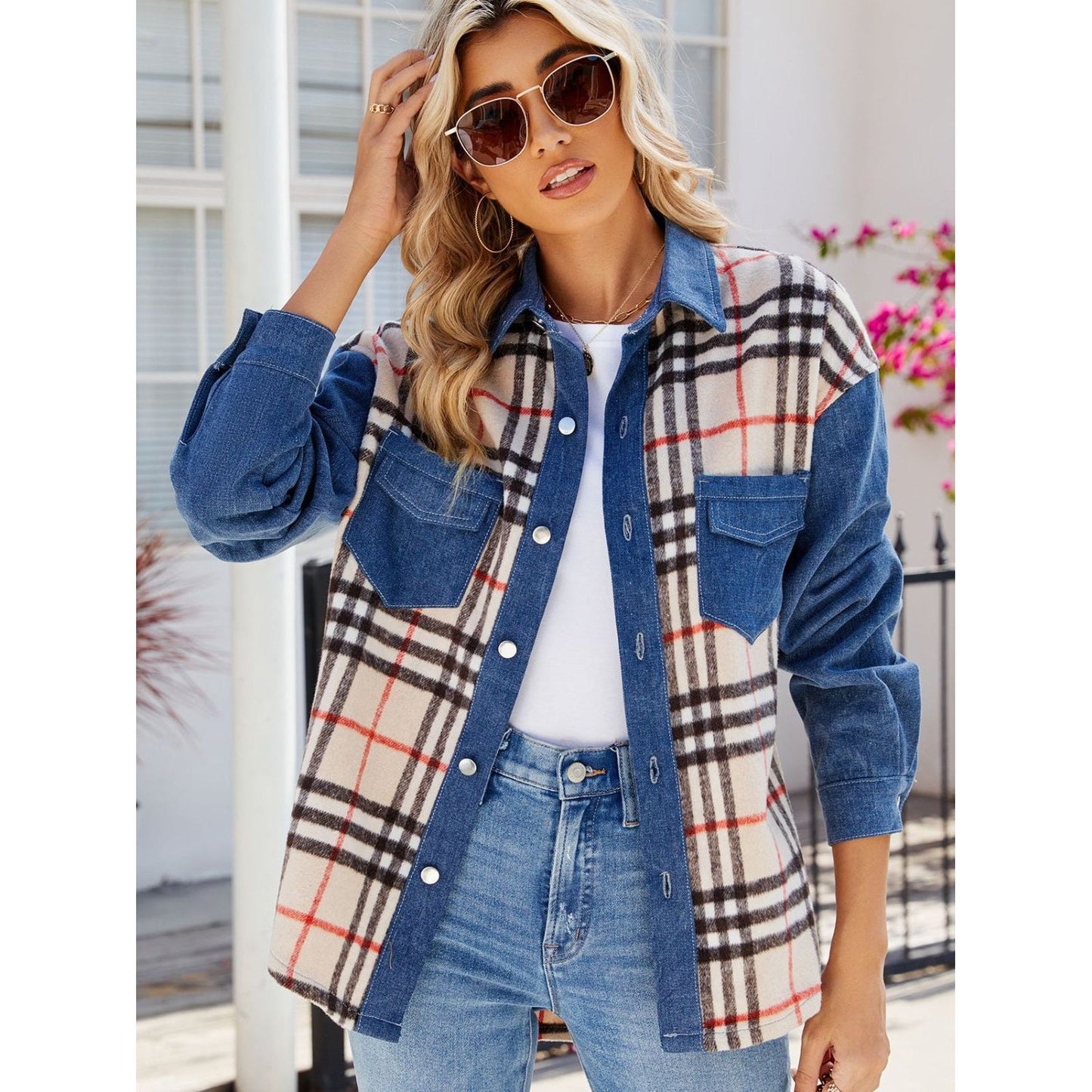 Plaid Long Sleeve Denim Jacket