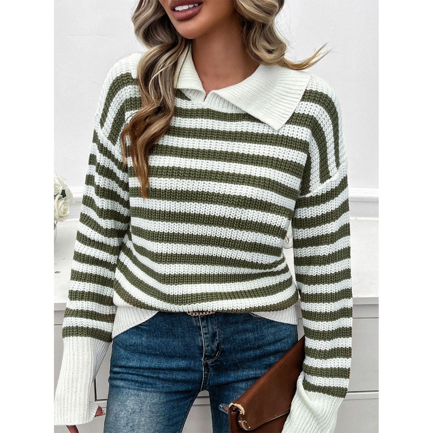 Devine Striped Collared Neck Long Sleeve Sweater