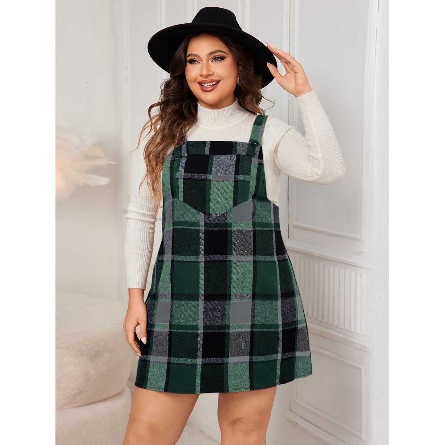 Honey Plus Size Plaid Wide Strap Overall Dress