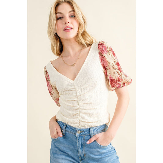 And The Why Full Size Floral Print Textured Sleeve Knit Top