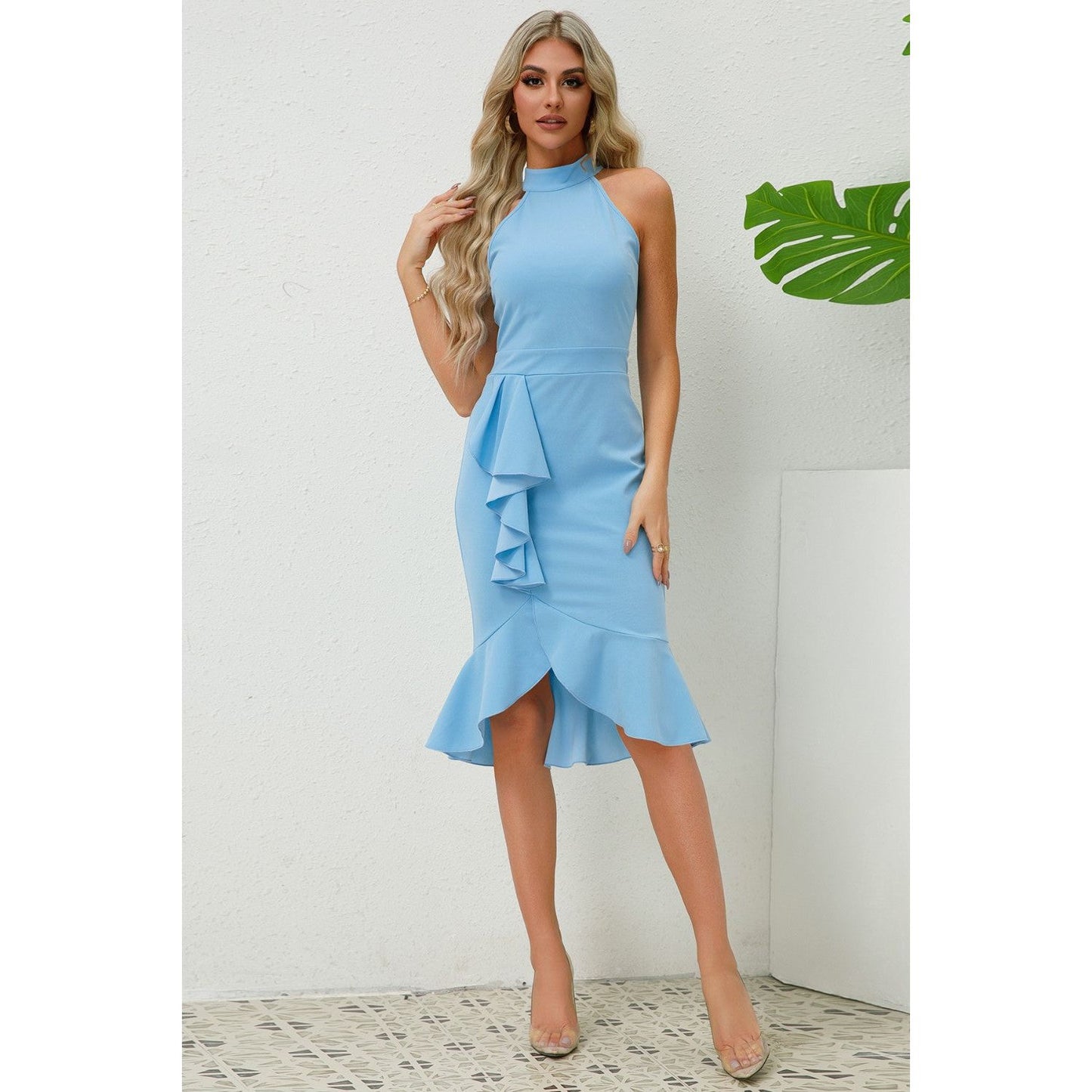 Ruffled Grecian Neck Dress